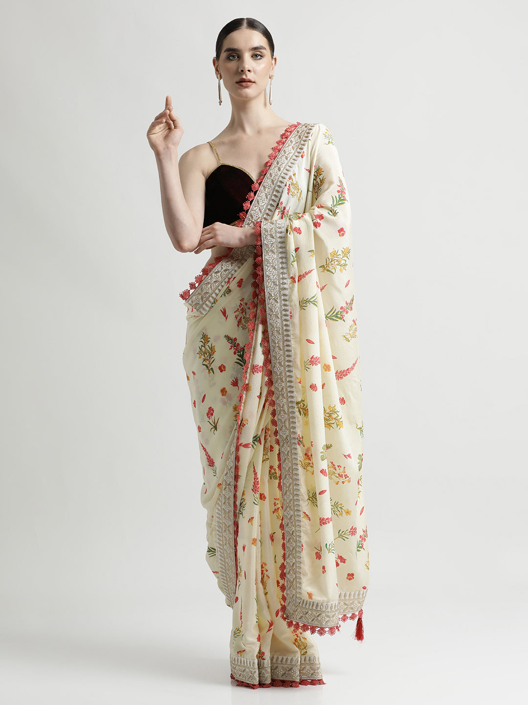 Off White Fancy Chinon Printed With Embroidered Lace Saree