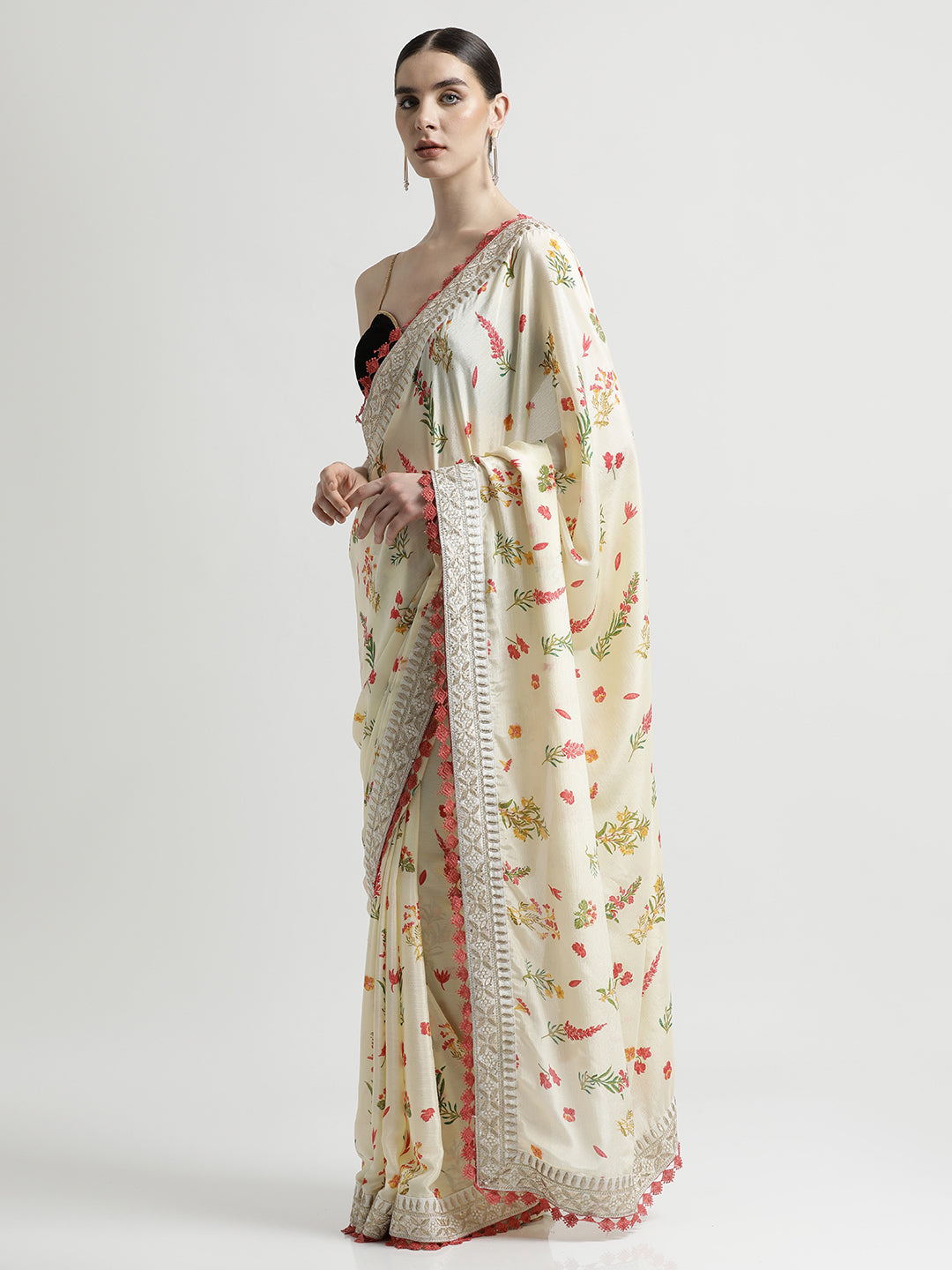 Off White Fancy Chinon Printed With Embroidered Lace Saree