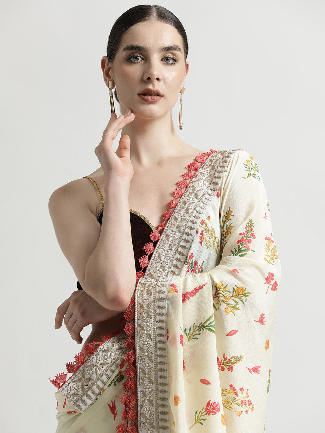 Off White Fancy Chinon Printed With Embroidered Lace Saree