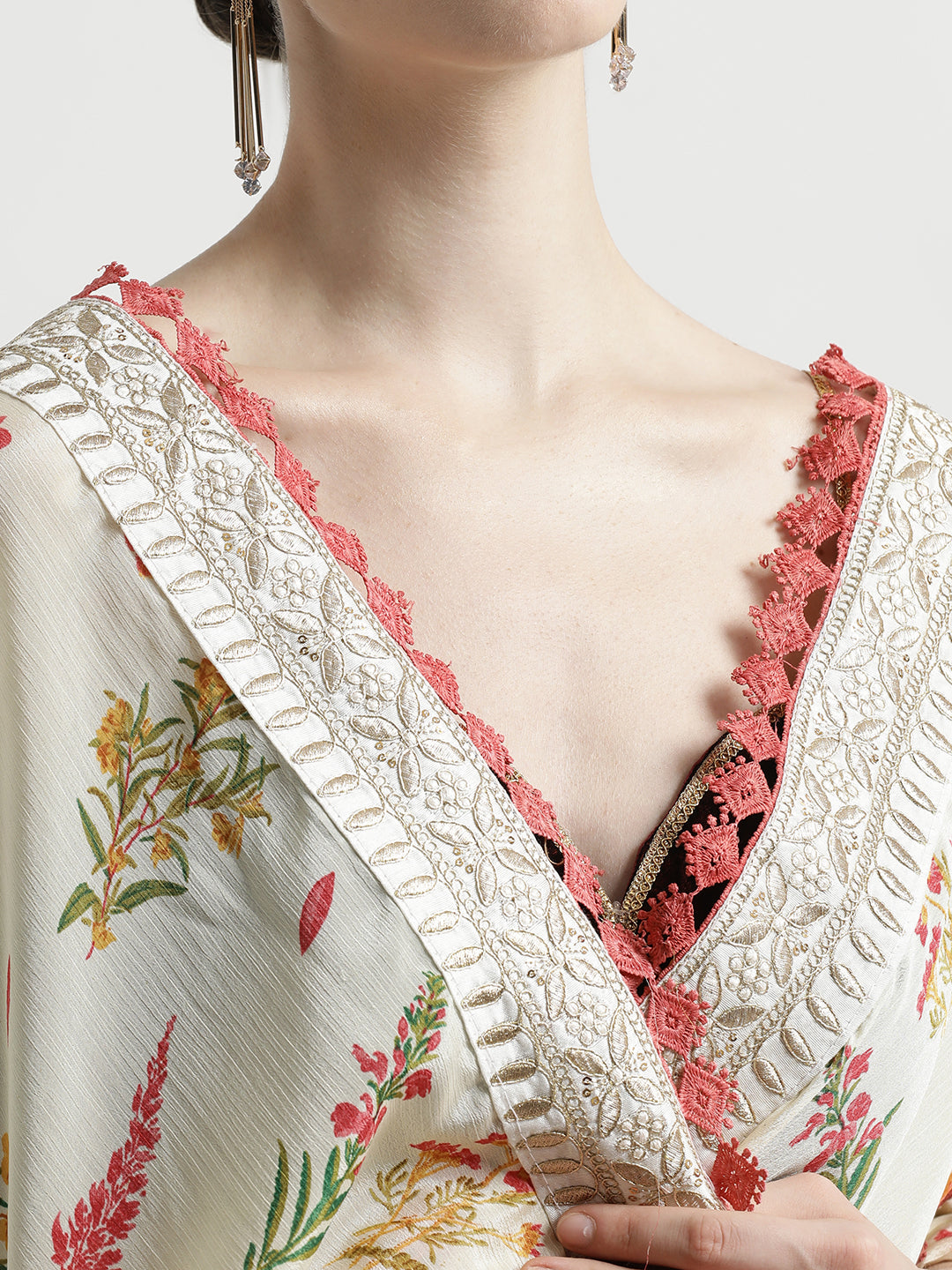 Off White Fancy Chinon Printed With Embroidered Lace Saree