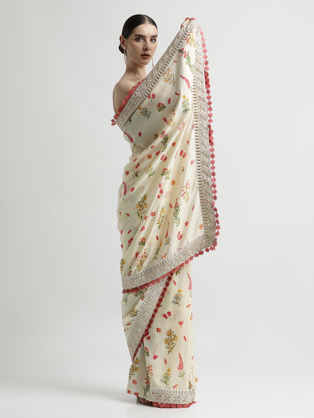 Off White Fancy Chinon Printed With Embroidered Lace Saree