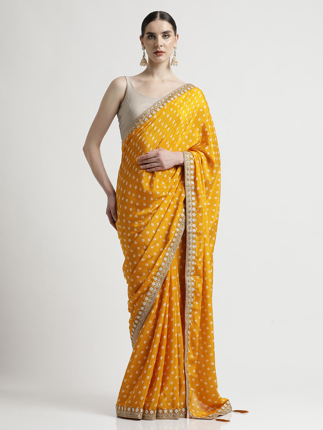 Mustard Fancy Chinon Printed With Embroidered Lace Saree