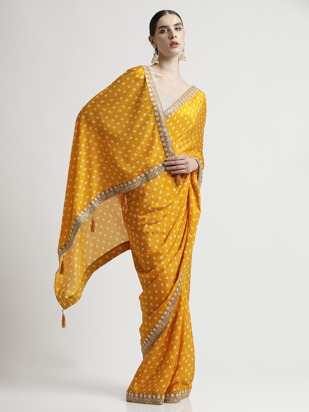 Mustard Fancy Chinon Printed With Embroidered Lace Saree