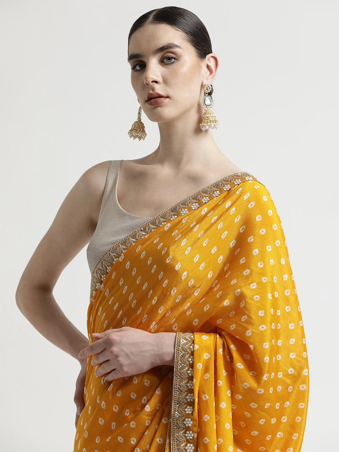 Mustard Fancy Chinon Printed With Embroidered Lace Saree