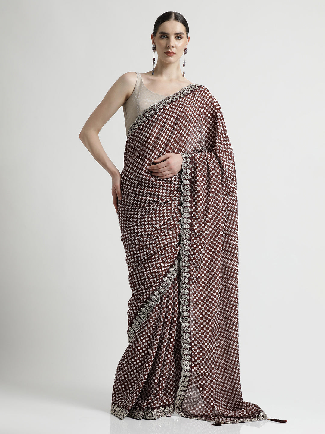 Fancy Chinon Printed With Embroidered Lace Wine Saree