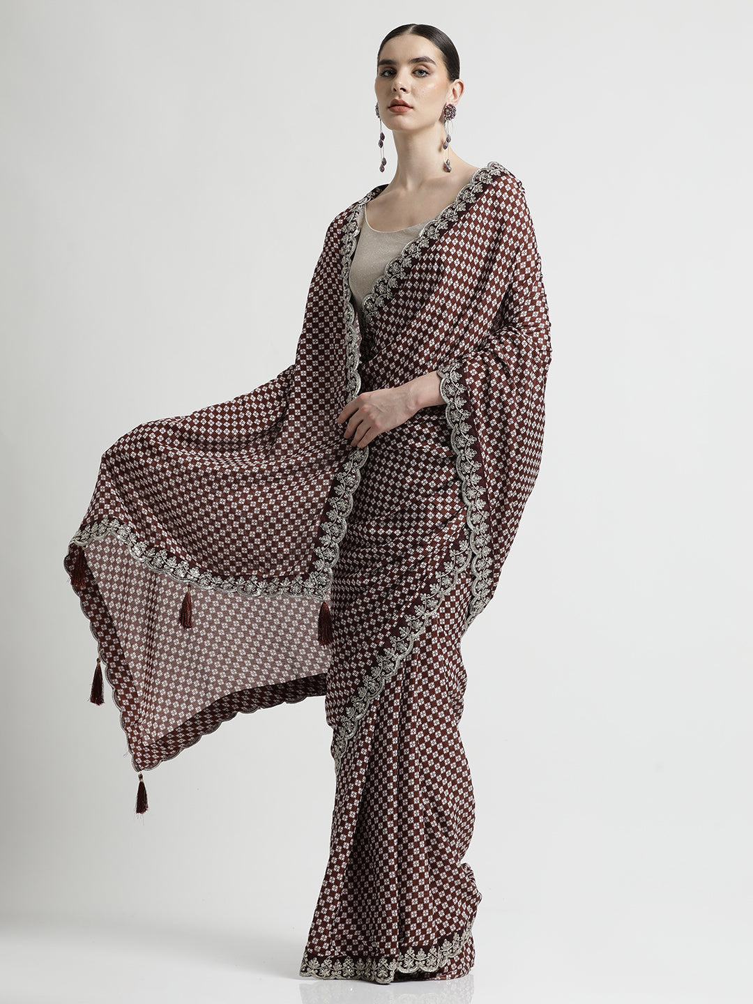 Fancy Chinon Printed With Embroidered Lace Wine Saree