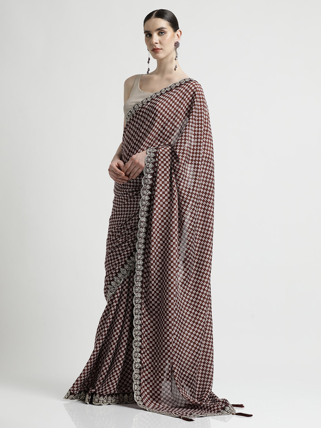 Fancy Chinon Printed With Embroidered Lace Wine Saree