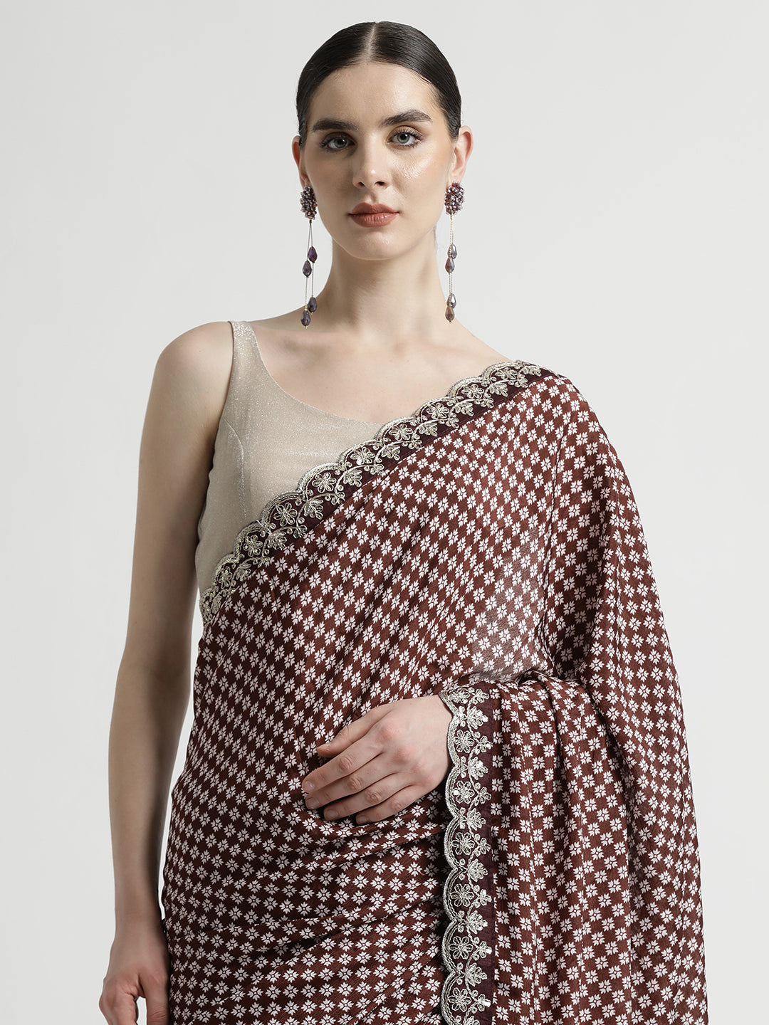 Fancy Chinon Printed With Embroidered Lace Wine Saree