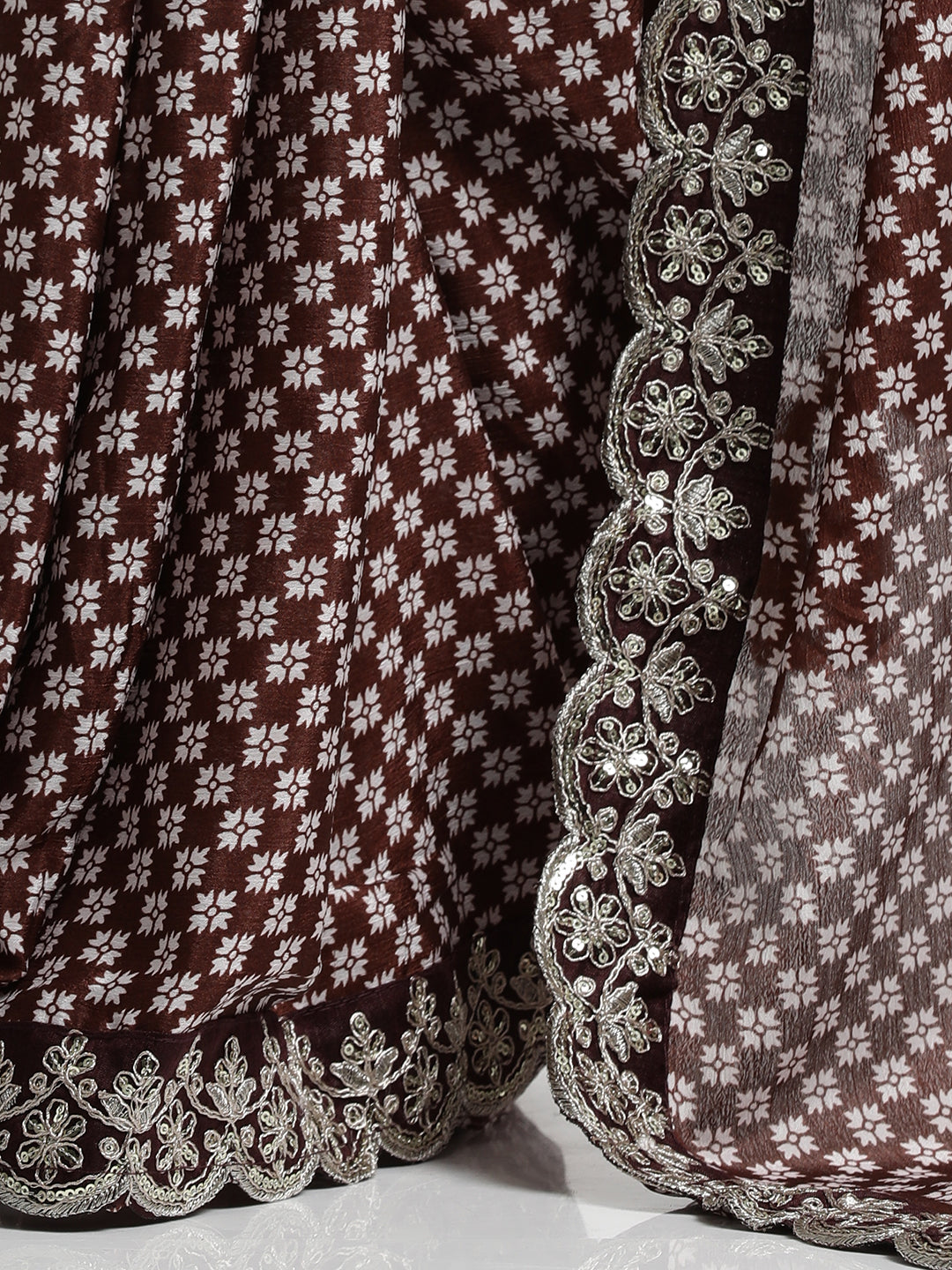 Fancy Chinon Printed With Embroidered Lace Wine Saree