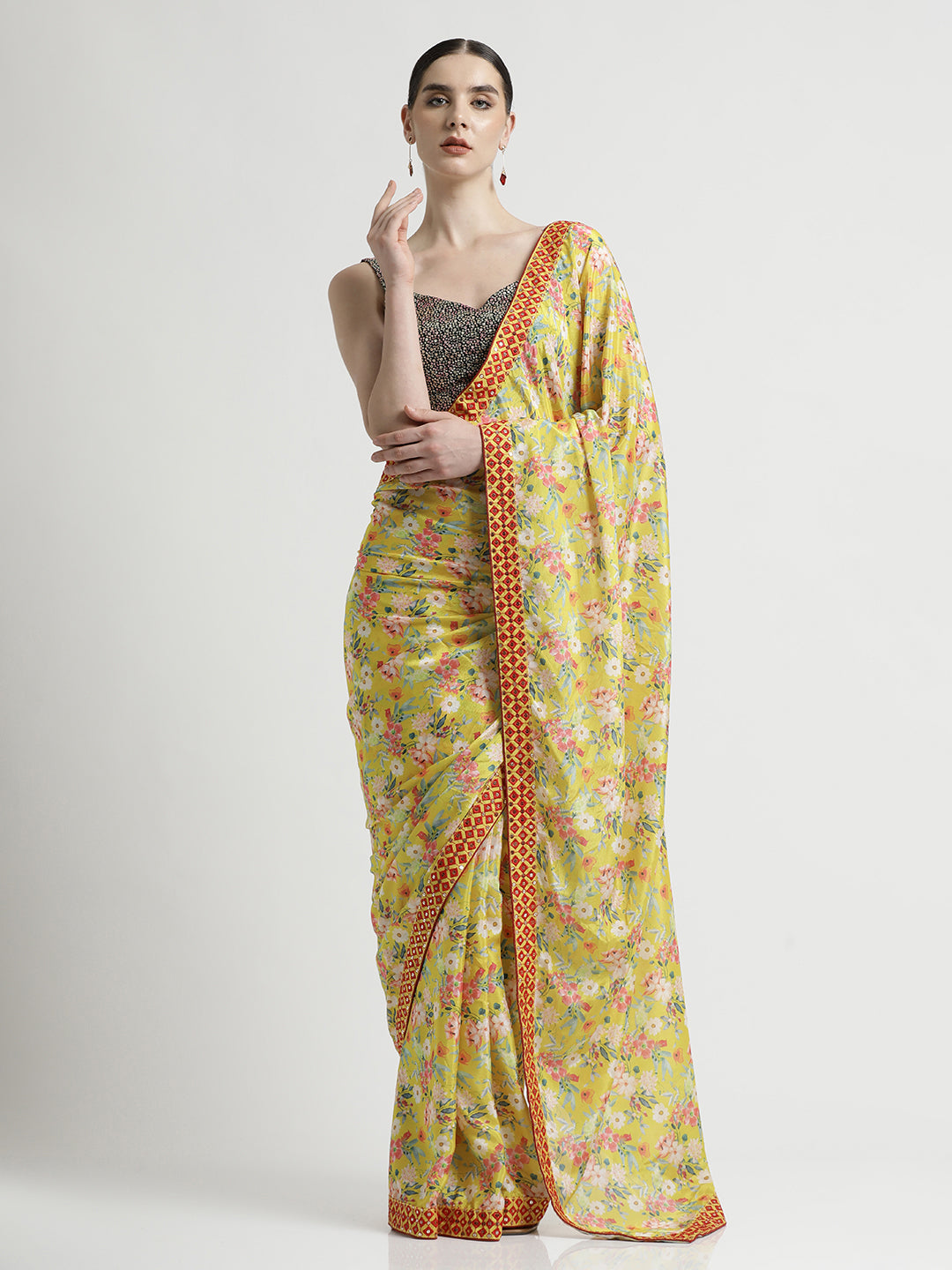 Green Satin Silk Printed Floral Mirror Work Party Wear Saree