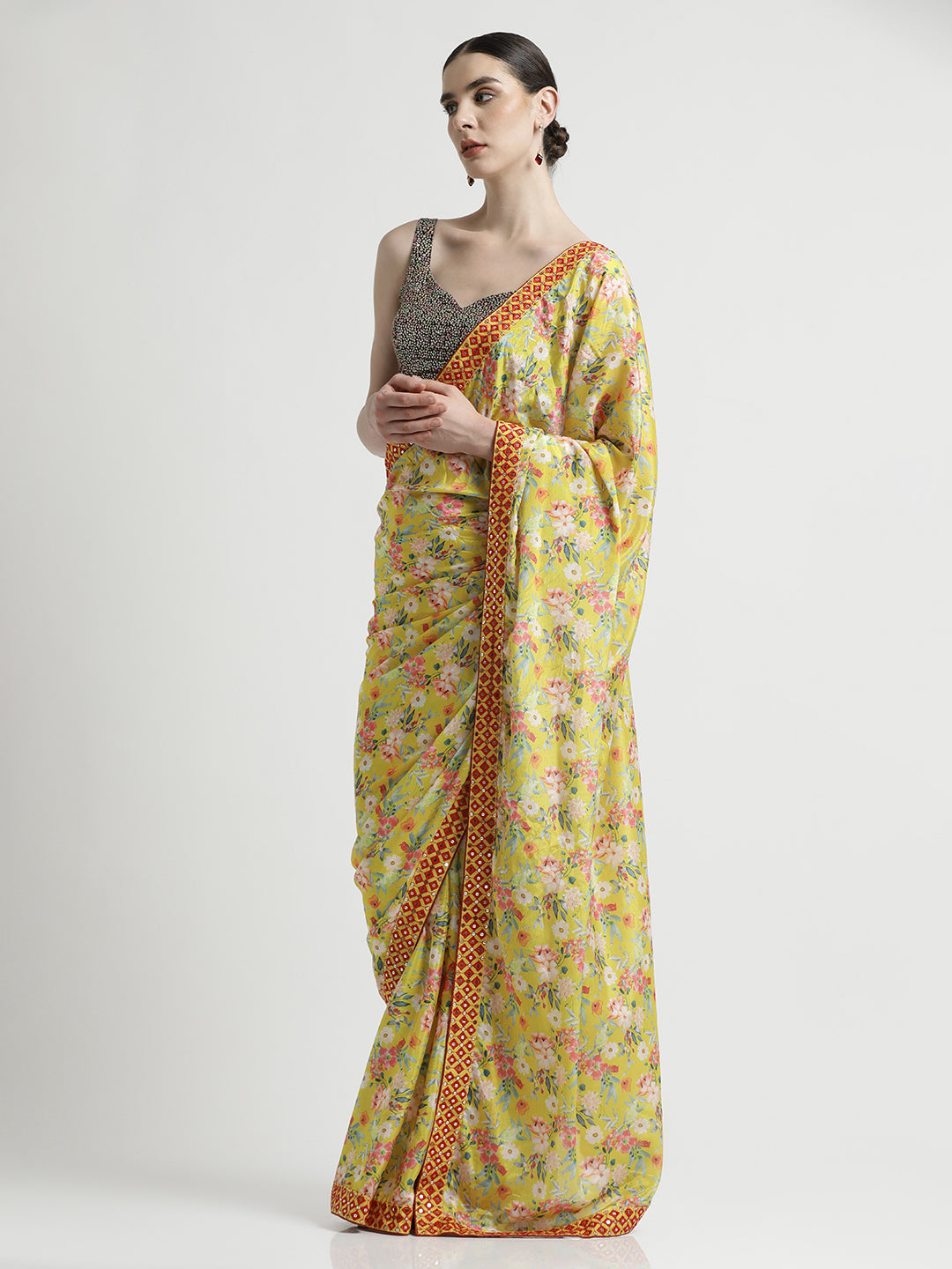 Green Satin Silk Printed Floral Mirror Work Party Wear Saree