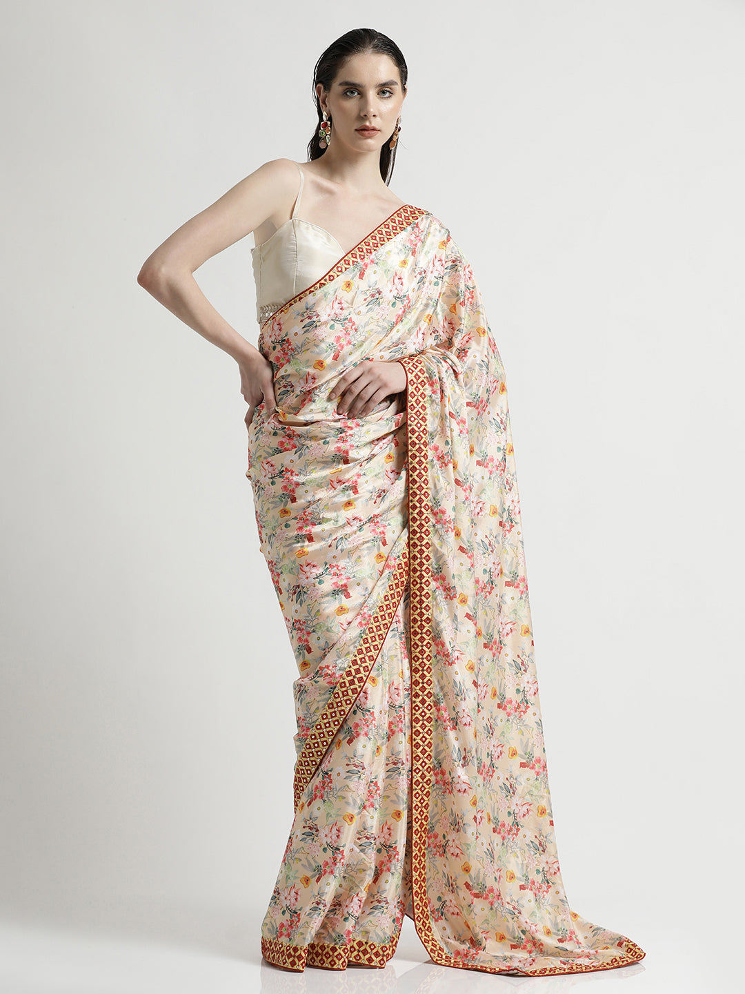 Peach Satin Silk Printed Floral Mirror Work Party Wear Saree