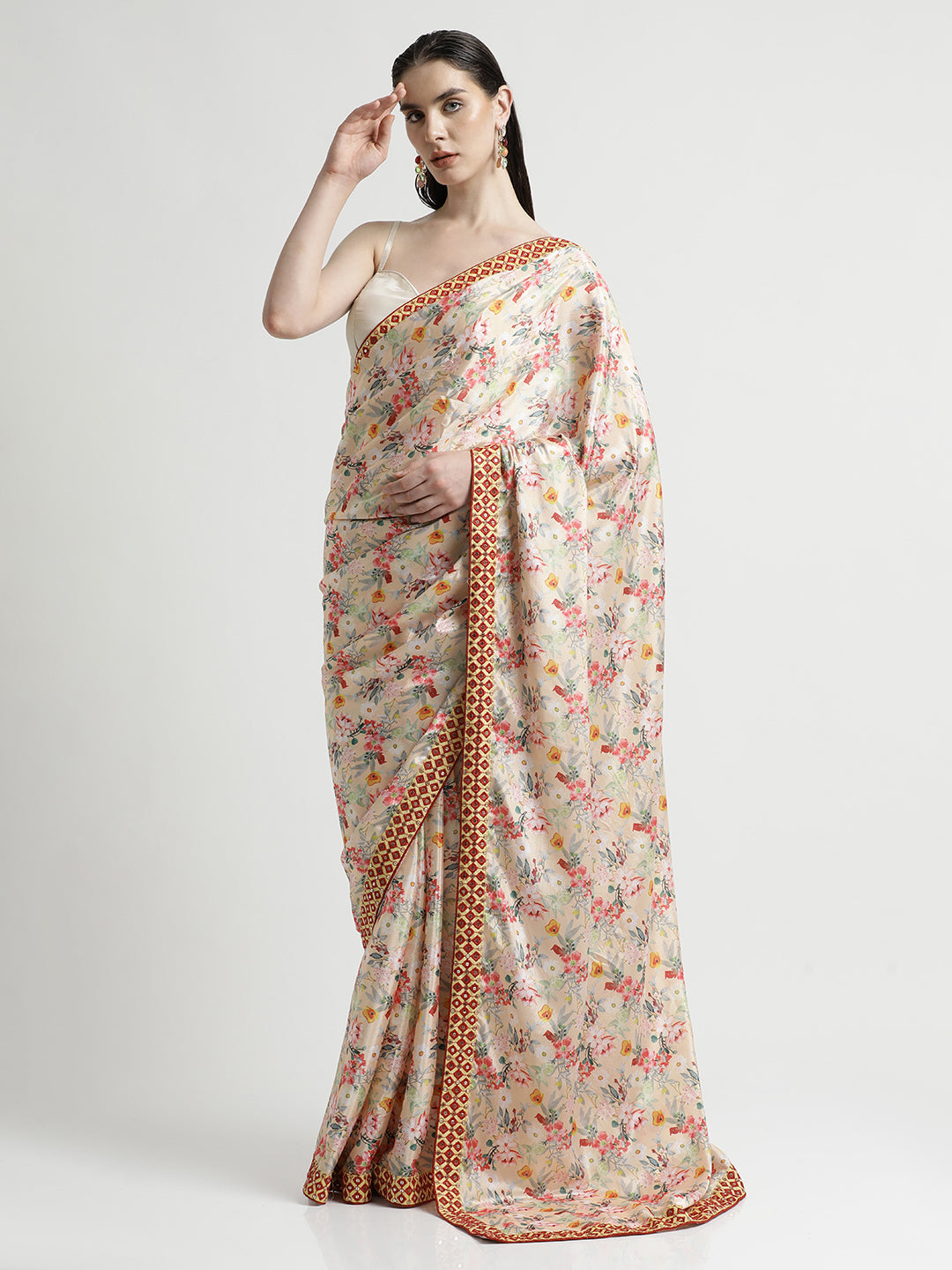 Peach Satin Silk Printed Floral Mirror Work Party Wear Saree