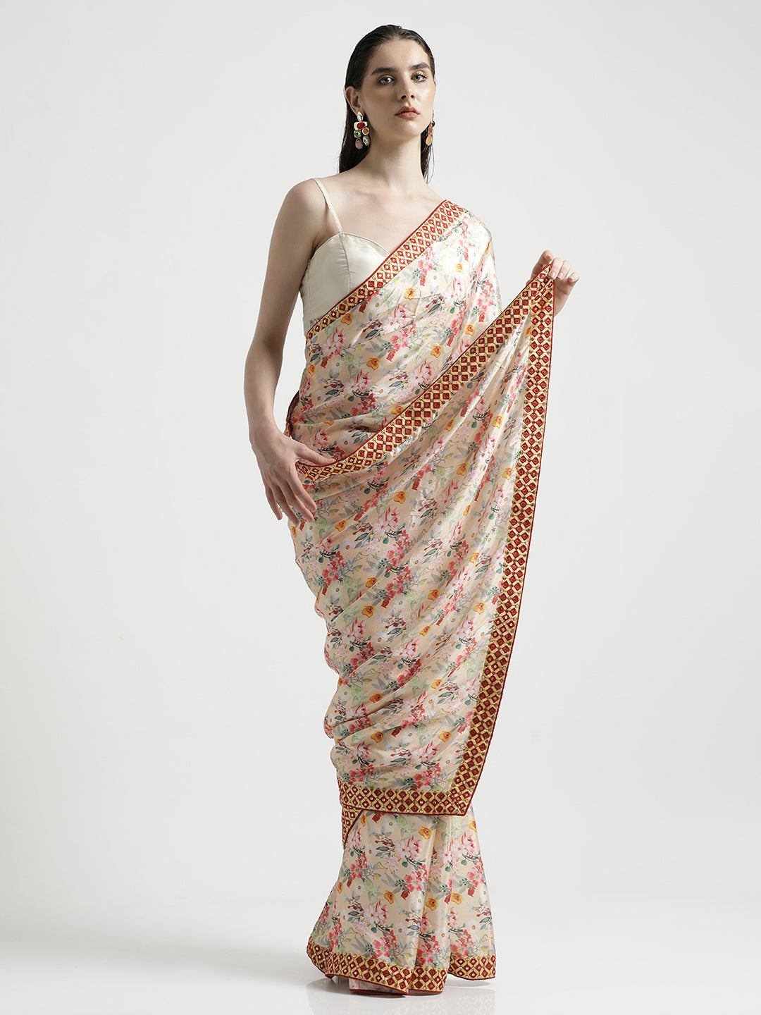 Peach Satin Silk Printed Floral Mirror Work Party Wear Saree