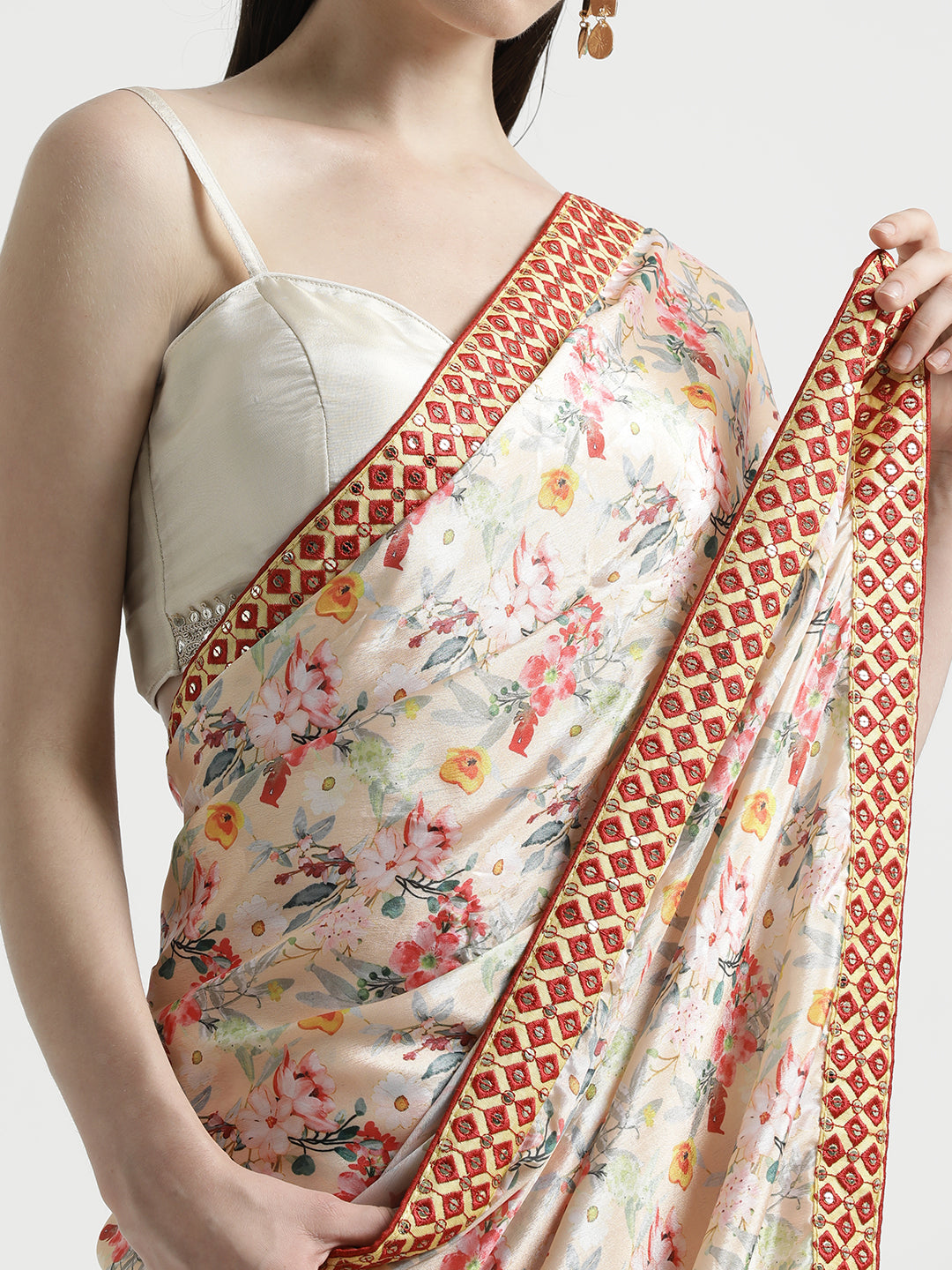 Peach Satin Silk Printed Floral Mirror Work Party Wear Saree