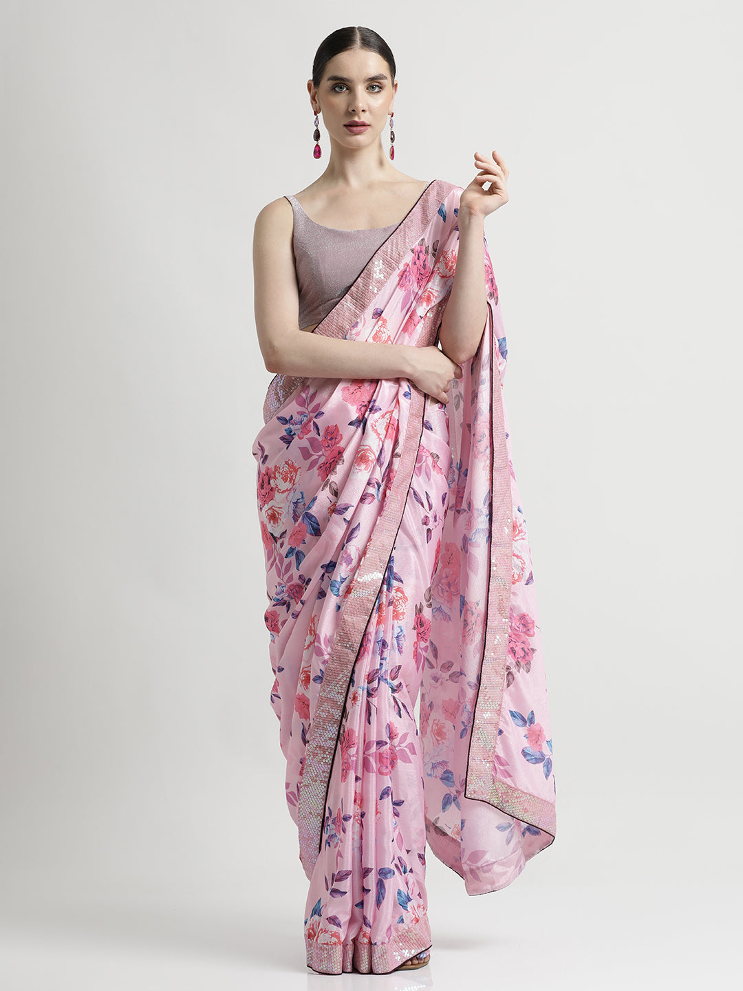 Pink Satin Silk Printed With Sequin Work Lace Saree