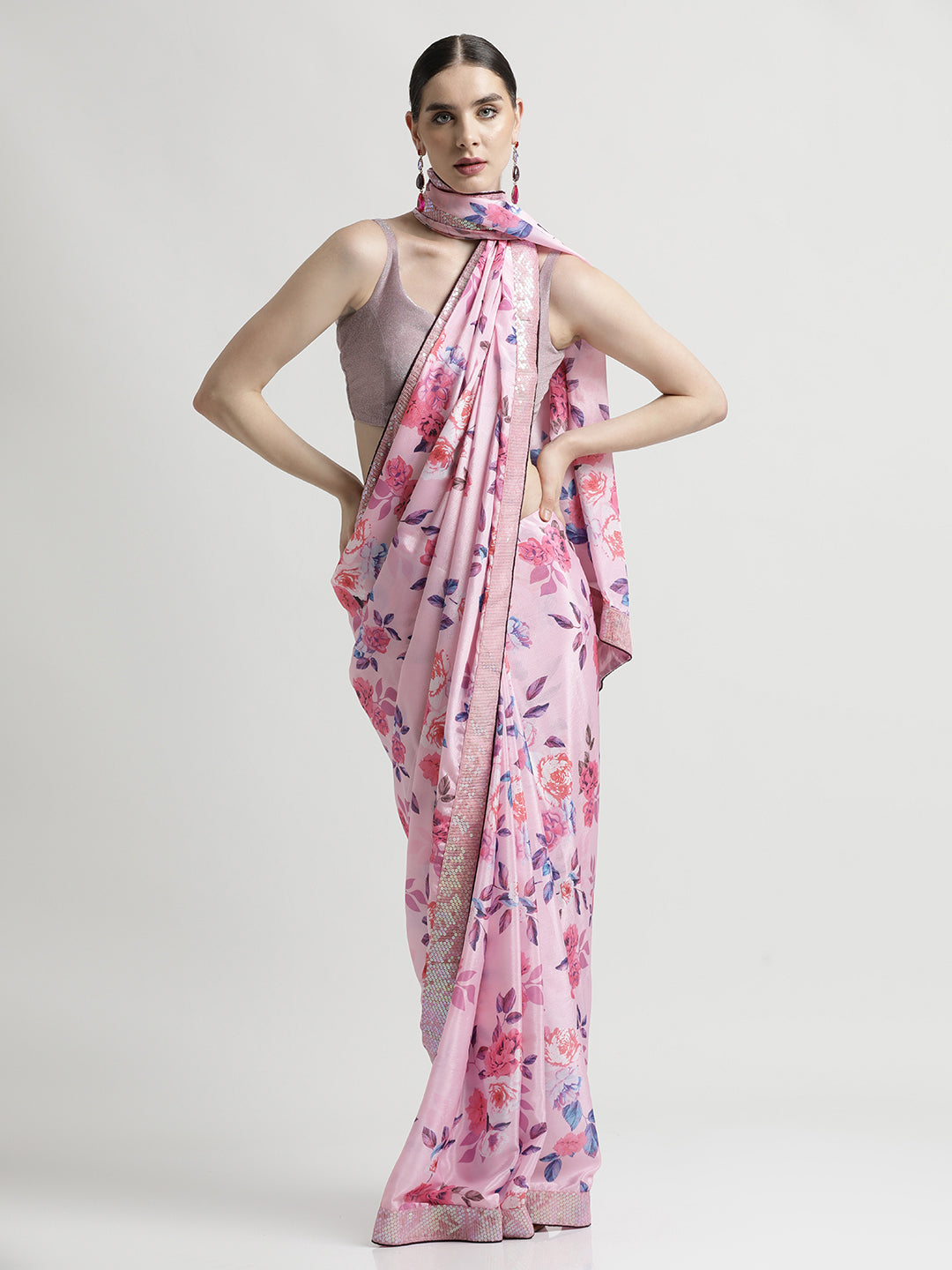 Pink Satin Silk Printed With Sequin Work Lace Saree