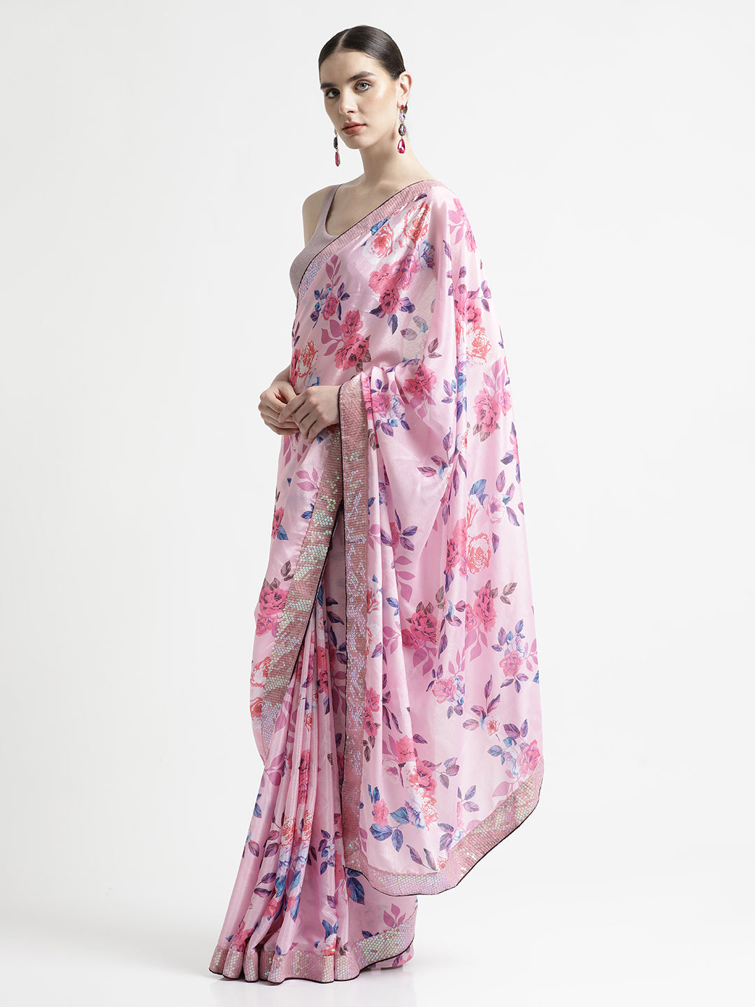 Pink Satin Silk Printed With Sequin Work Lace Saree