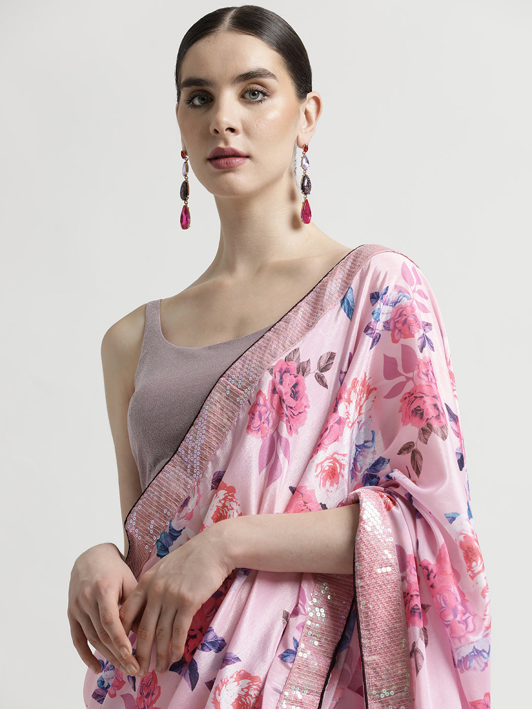 Pink Satin Silk Printed With Sequin Work Lace Saree