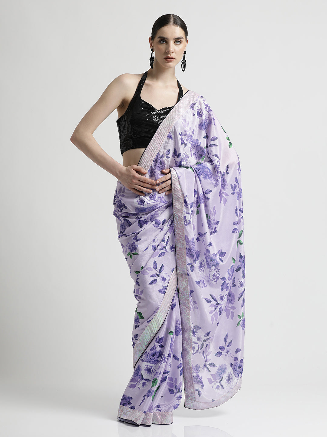 Purple Satin Silk Printed With Sequin Work Lace Saree