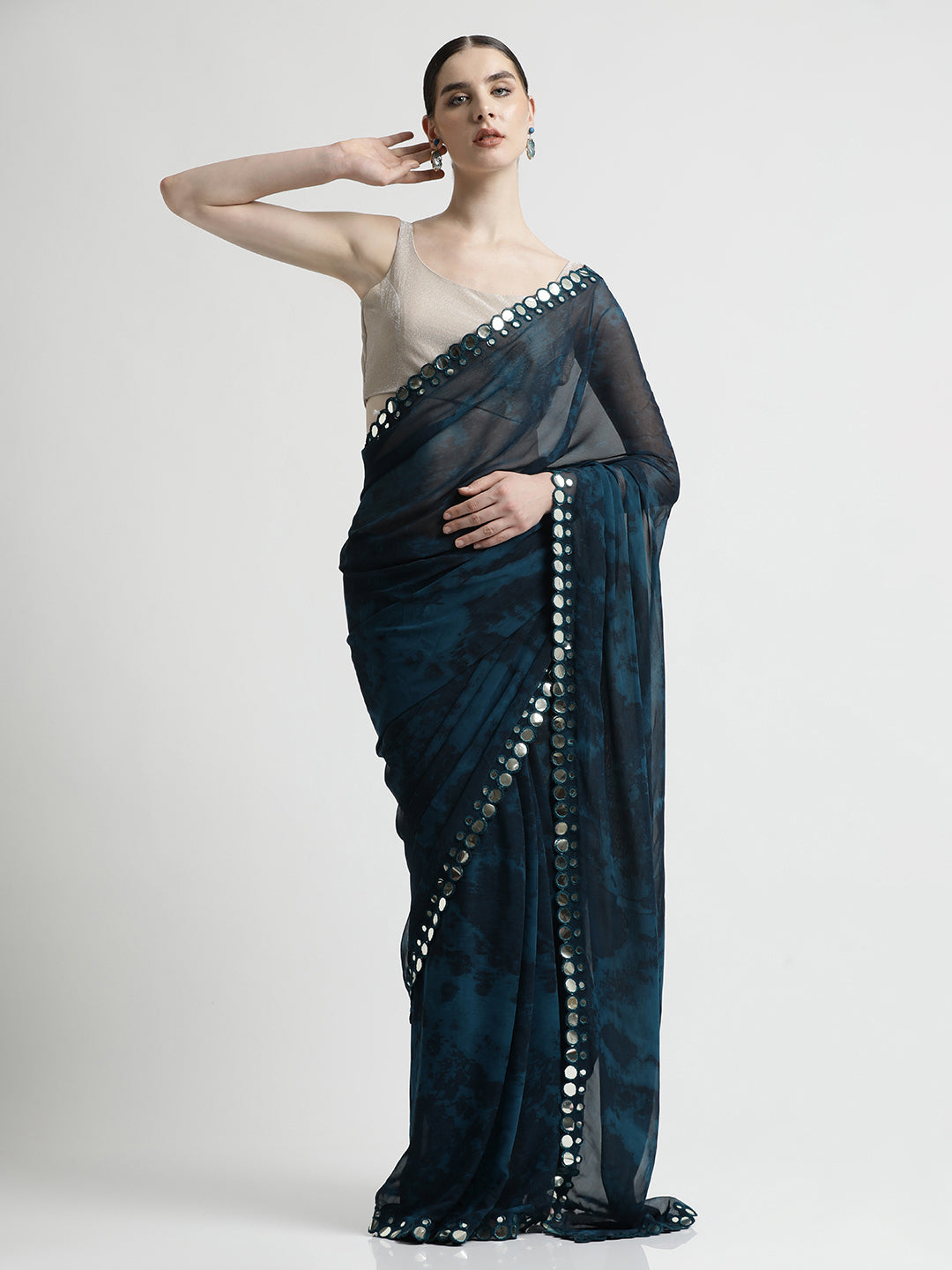 Pure Georgette Patola Mirror Teal Tie-Dye Saree