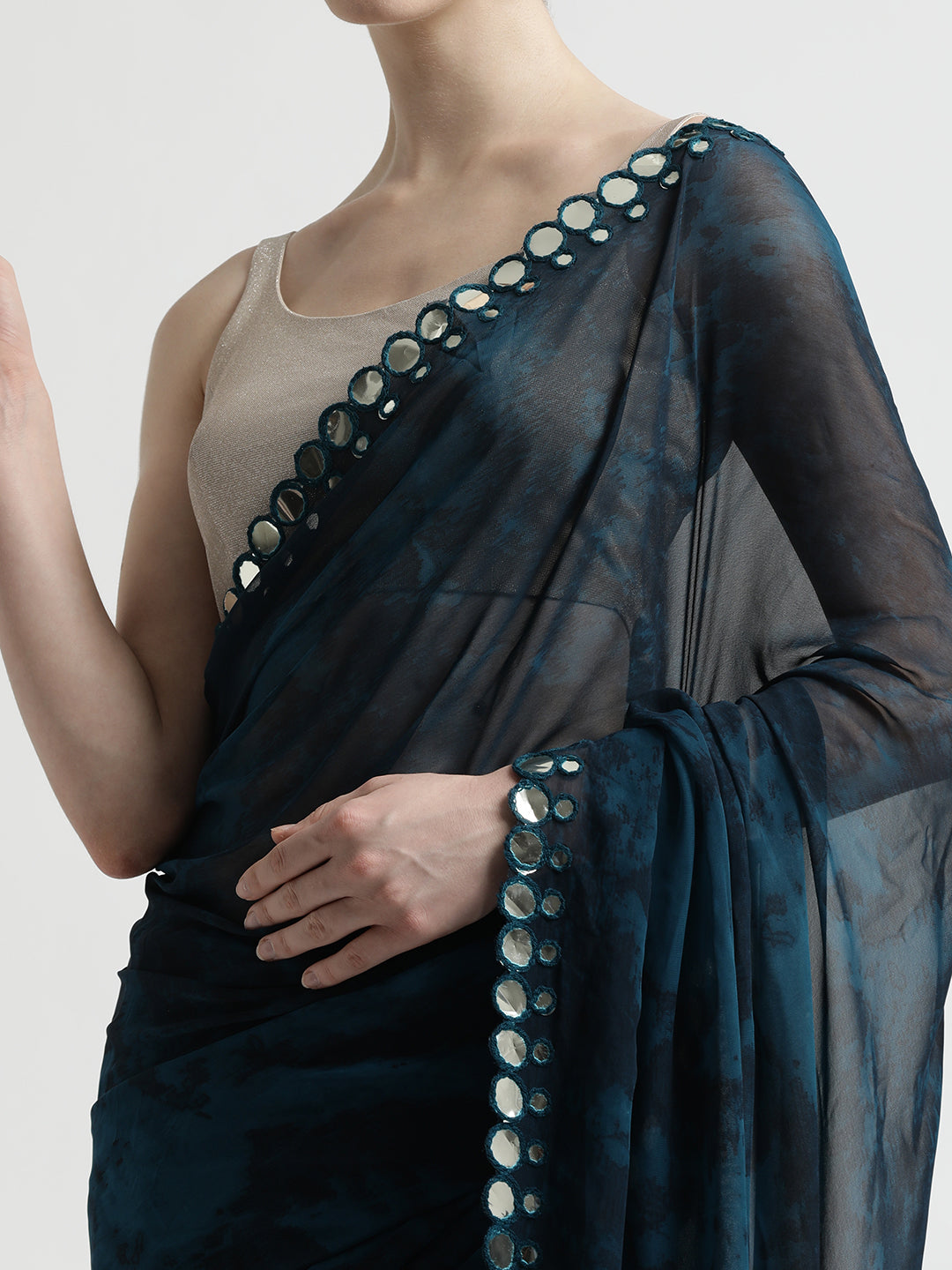 Pure Georgette Patola Mirror Teal Tie-Dye Saree