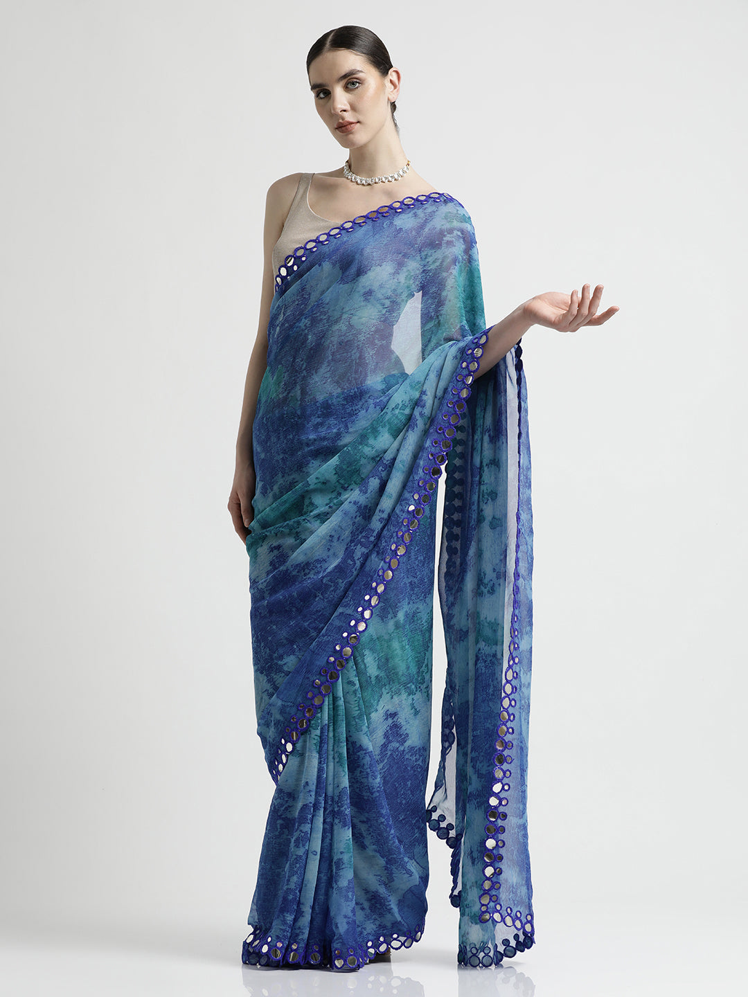 Pure Georgette Patola Mirror Blue Tie-Dye Saree