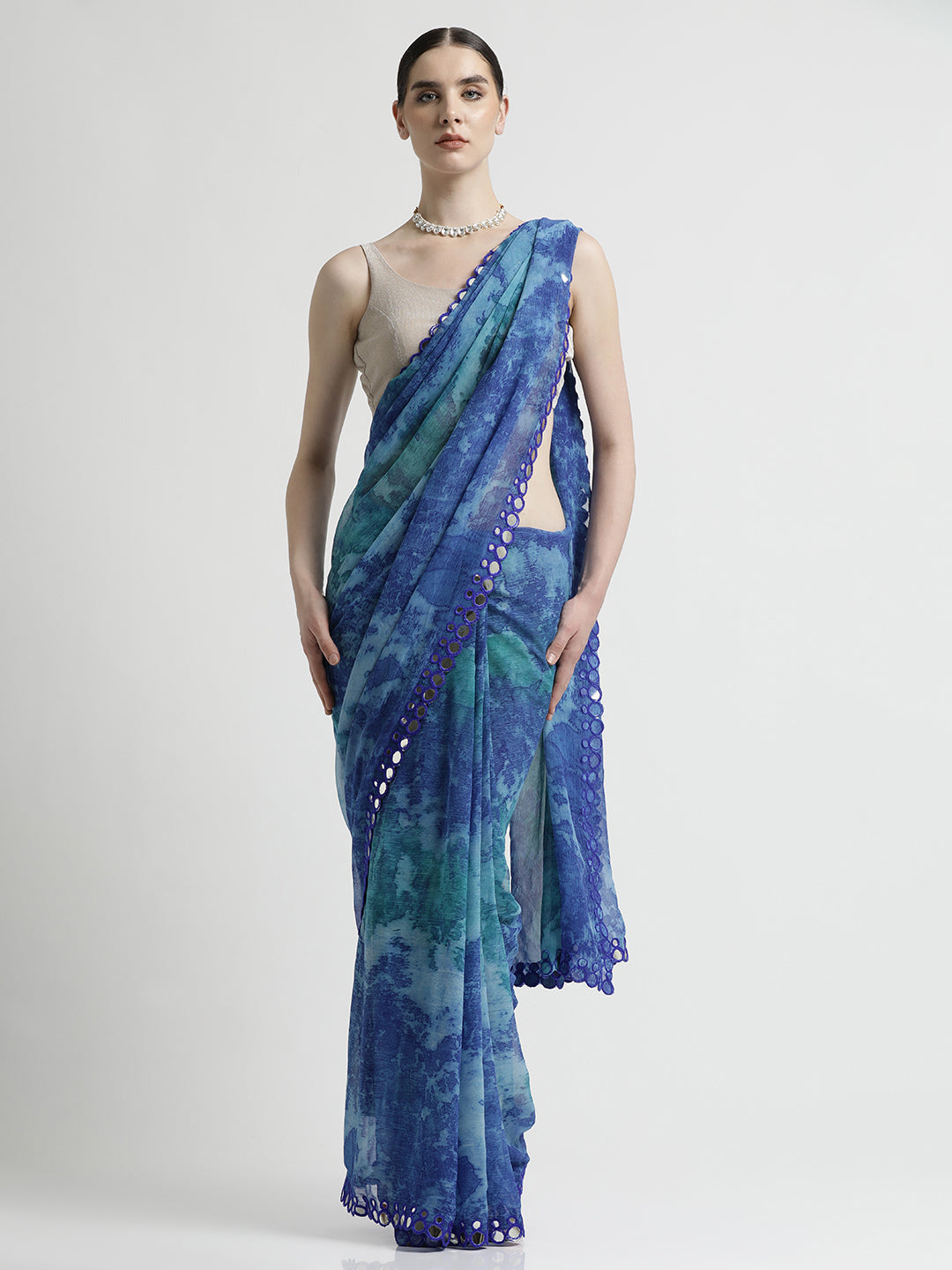 Pure Georgette Patola Mirror Blue Tie-Dye Saree