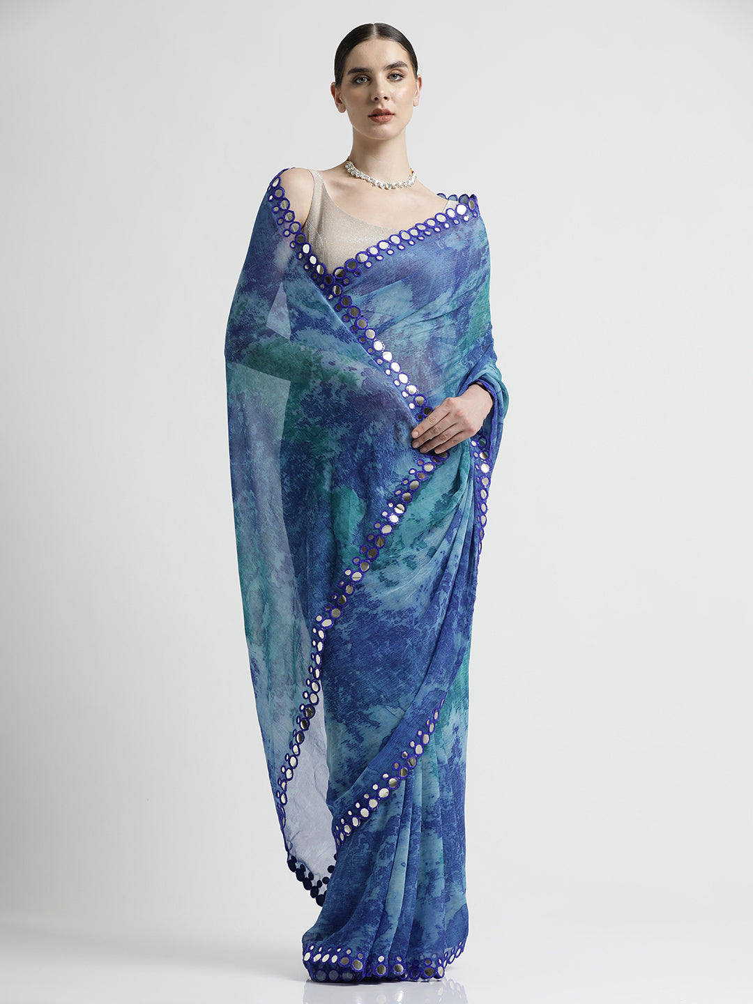 Pure Georgette Patola Mirror Blue Tie-Dye Saree