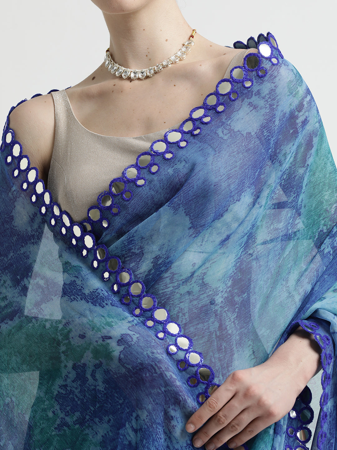 Pure Georgette Patola Mirror Blue Tie-Dye Saree