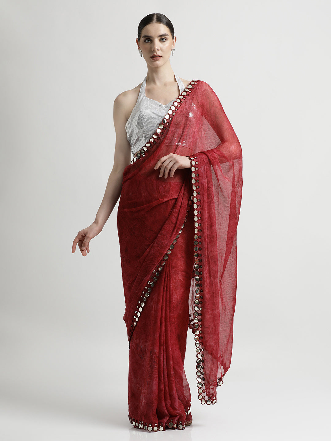 Pure Georgette Patola Mirror Red Tie-Dye Saree