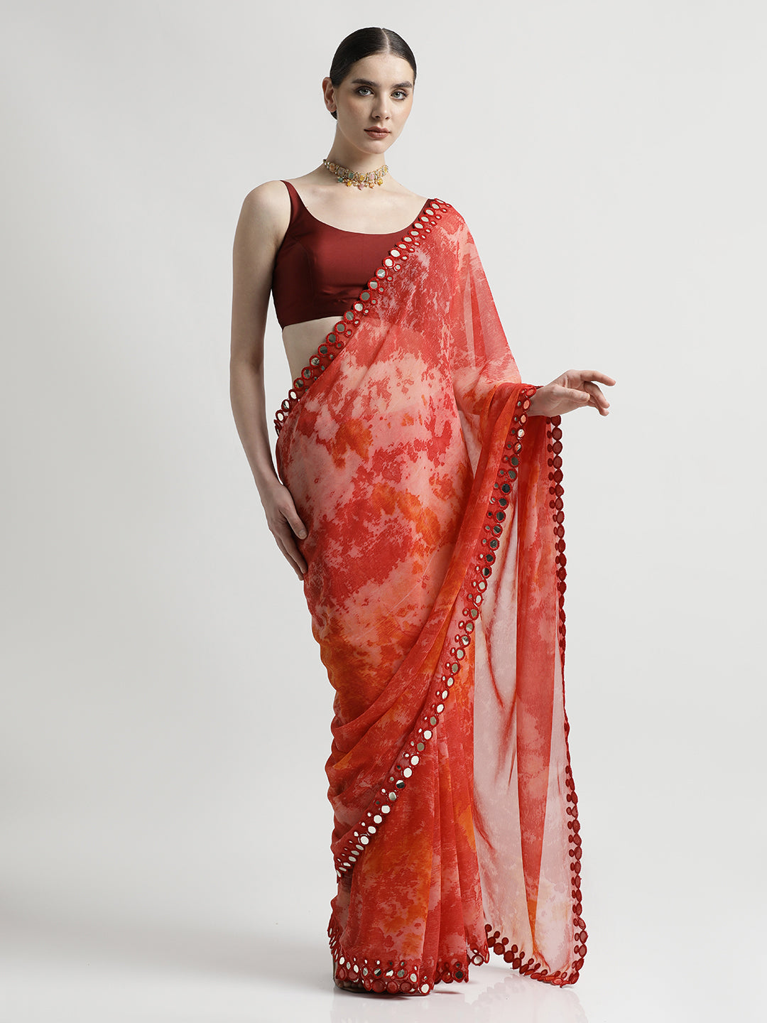 Pure Georgette Patola Mirror Peach Tie-Dye Saree