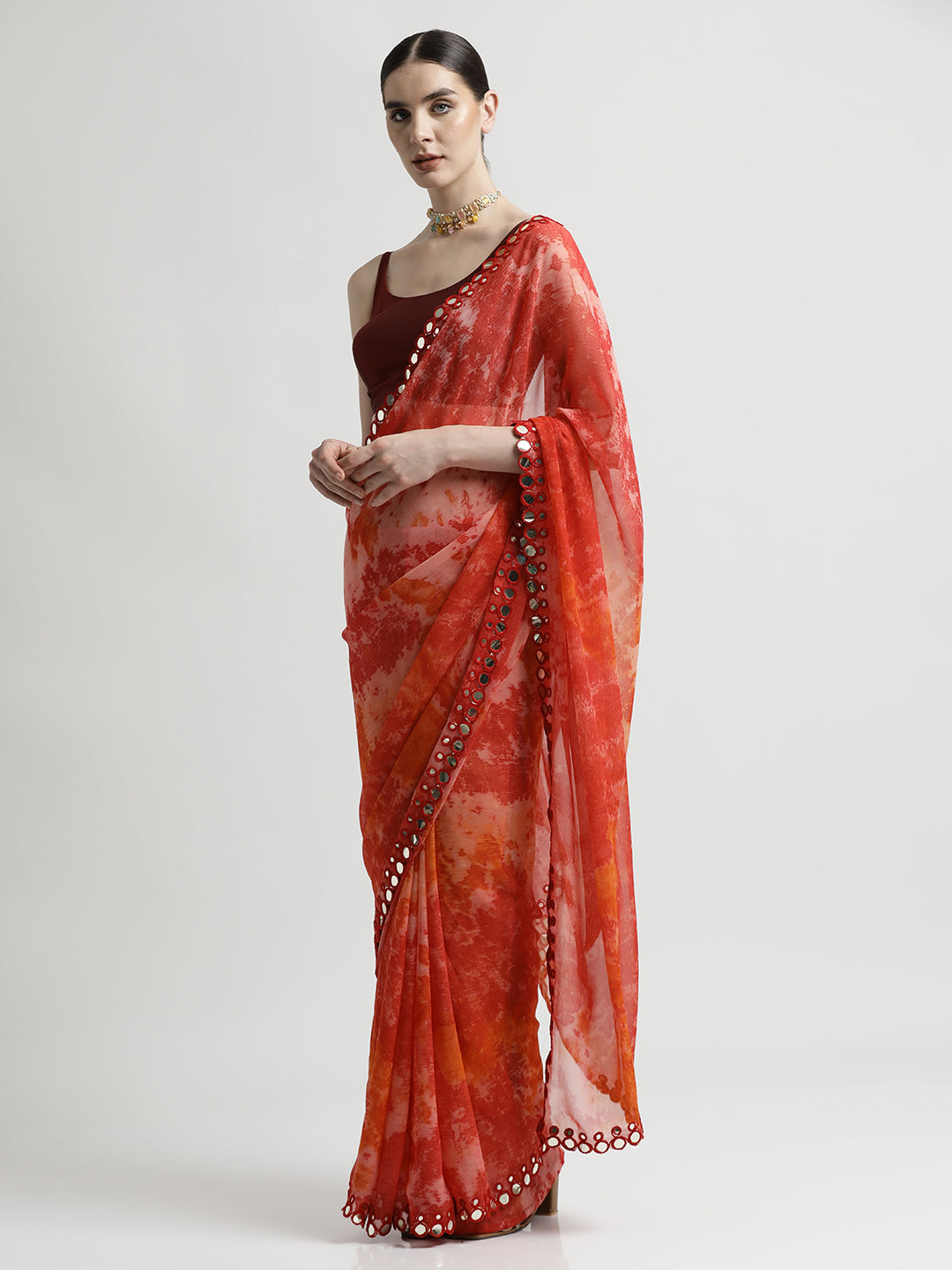 Pure Georgette Patola Mirror Peach Tie-Dye Saree