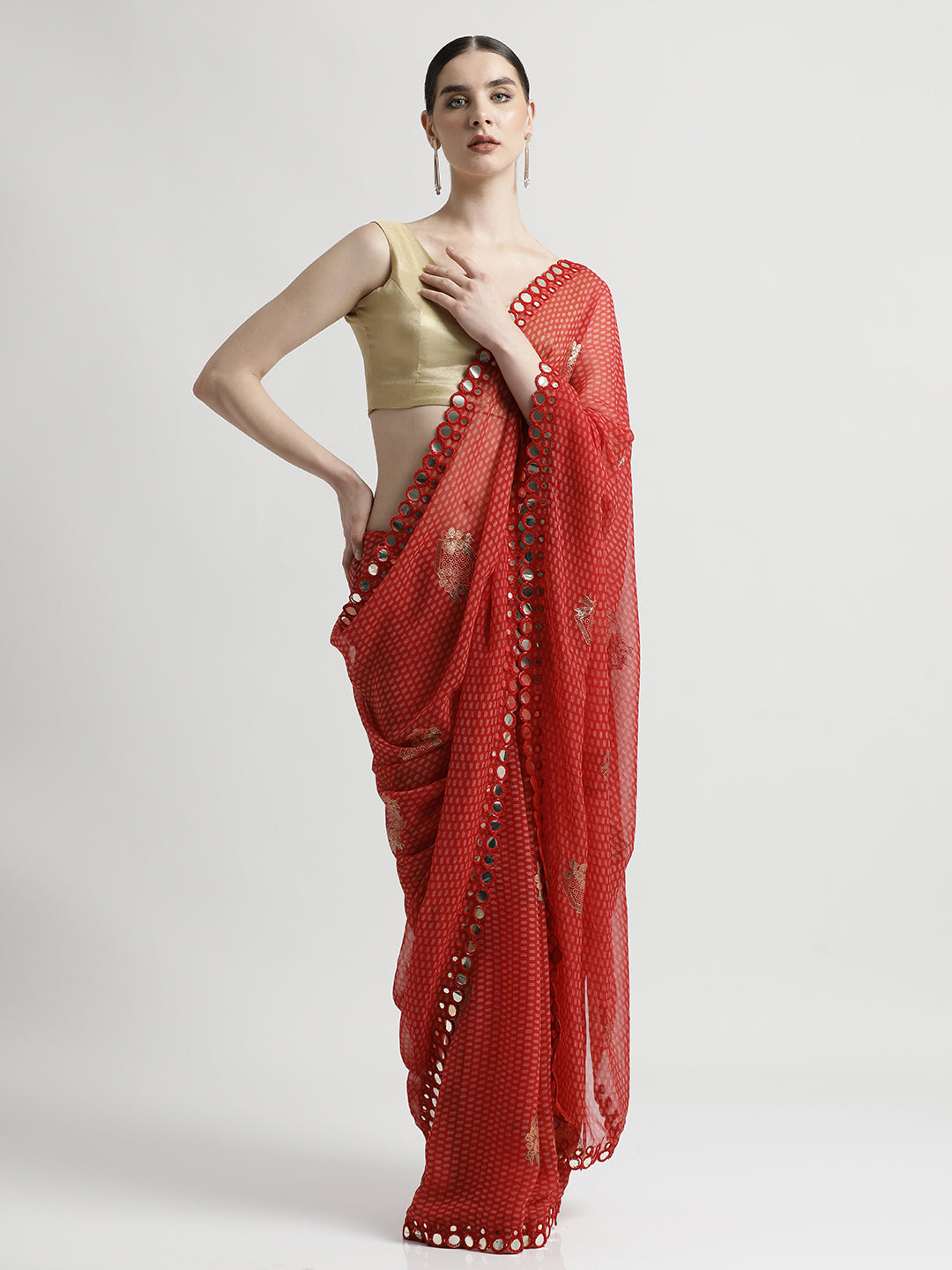 Pure Georgette Patola Mirror Foil Printed Red Saree