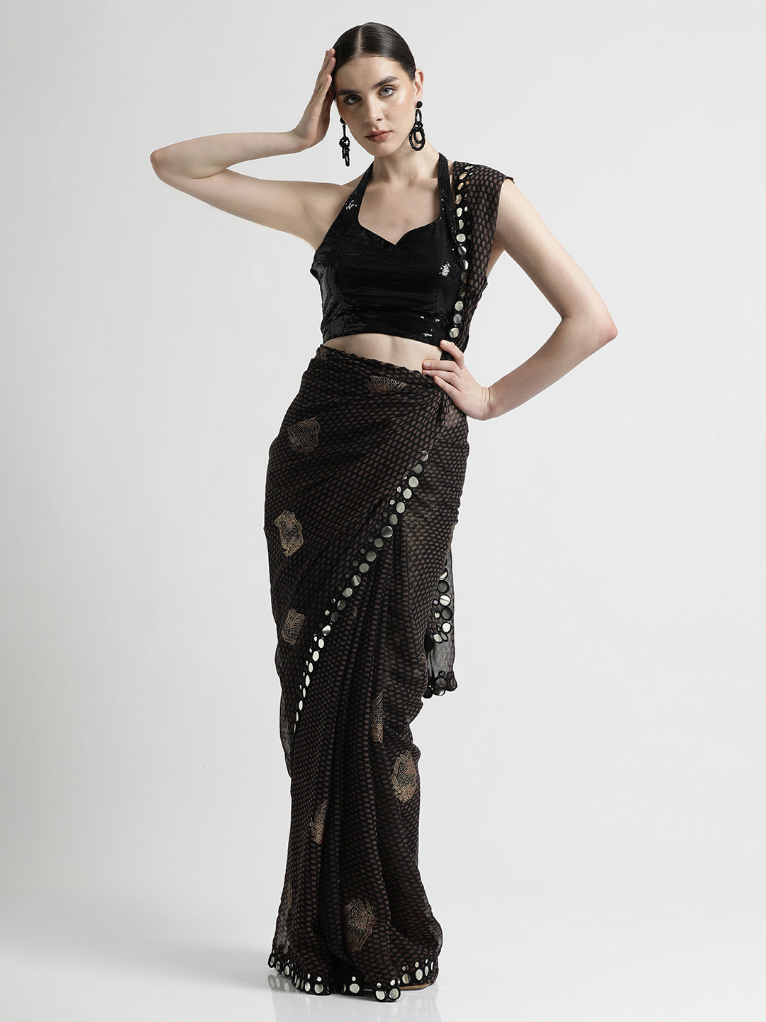 Pure Georgette Patola Mirror Black Saree