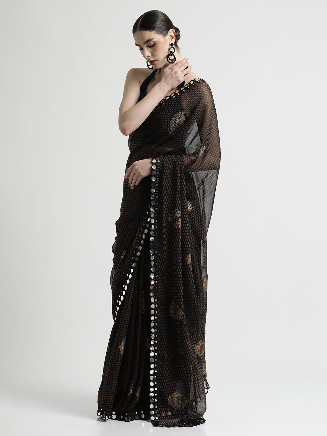 Pure Georgette Patola Mirror Black Saree