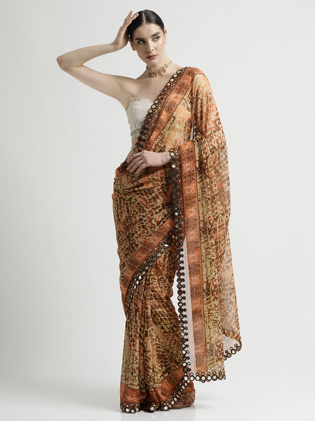 Brown Pure Georgette Patola Mirror Saree