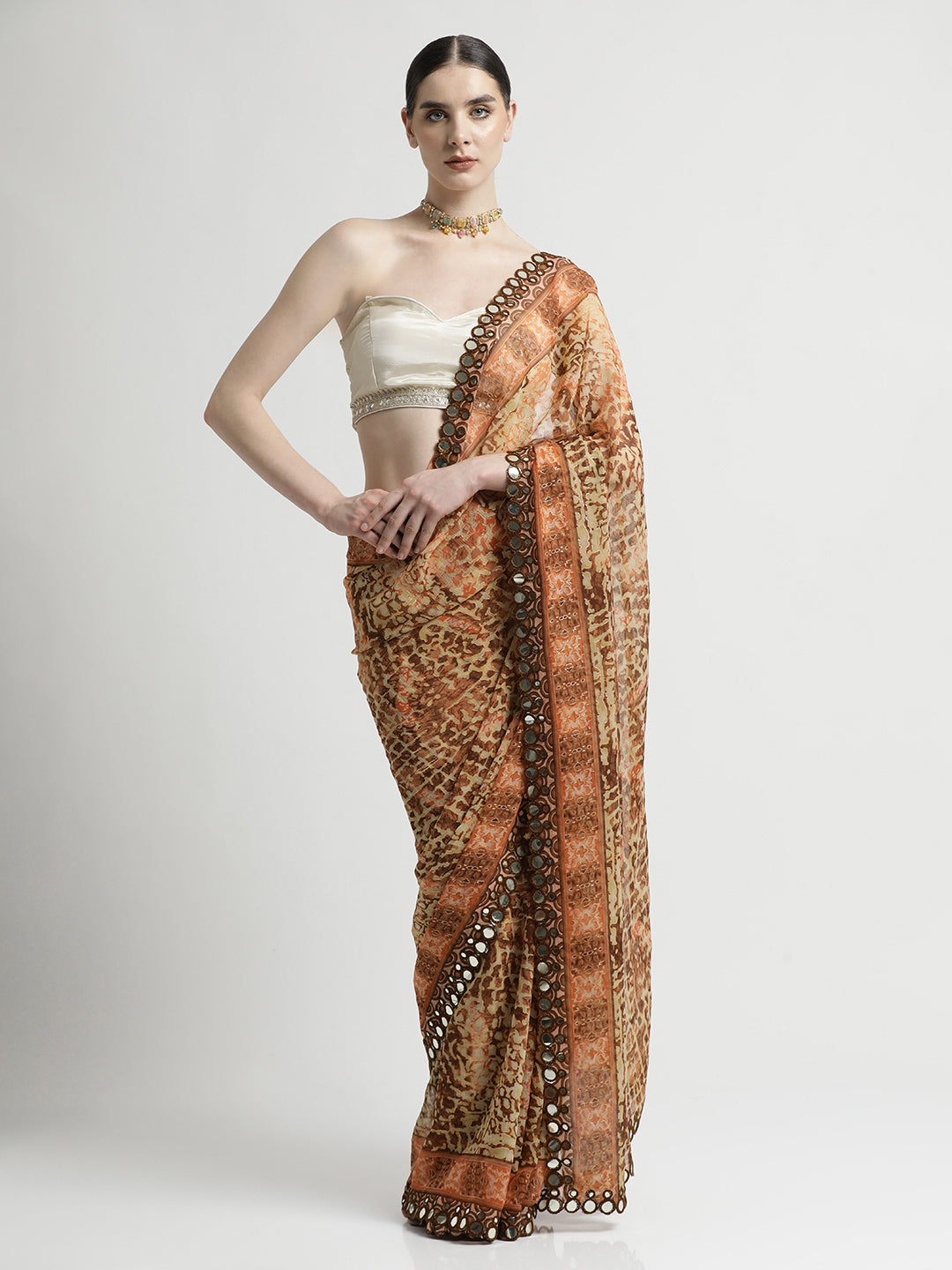 Brown Pure Georgette Patola Mirror Saree