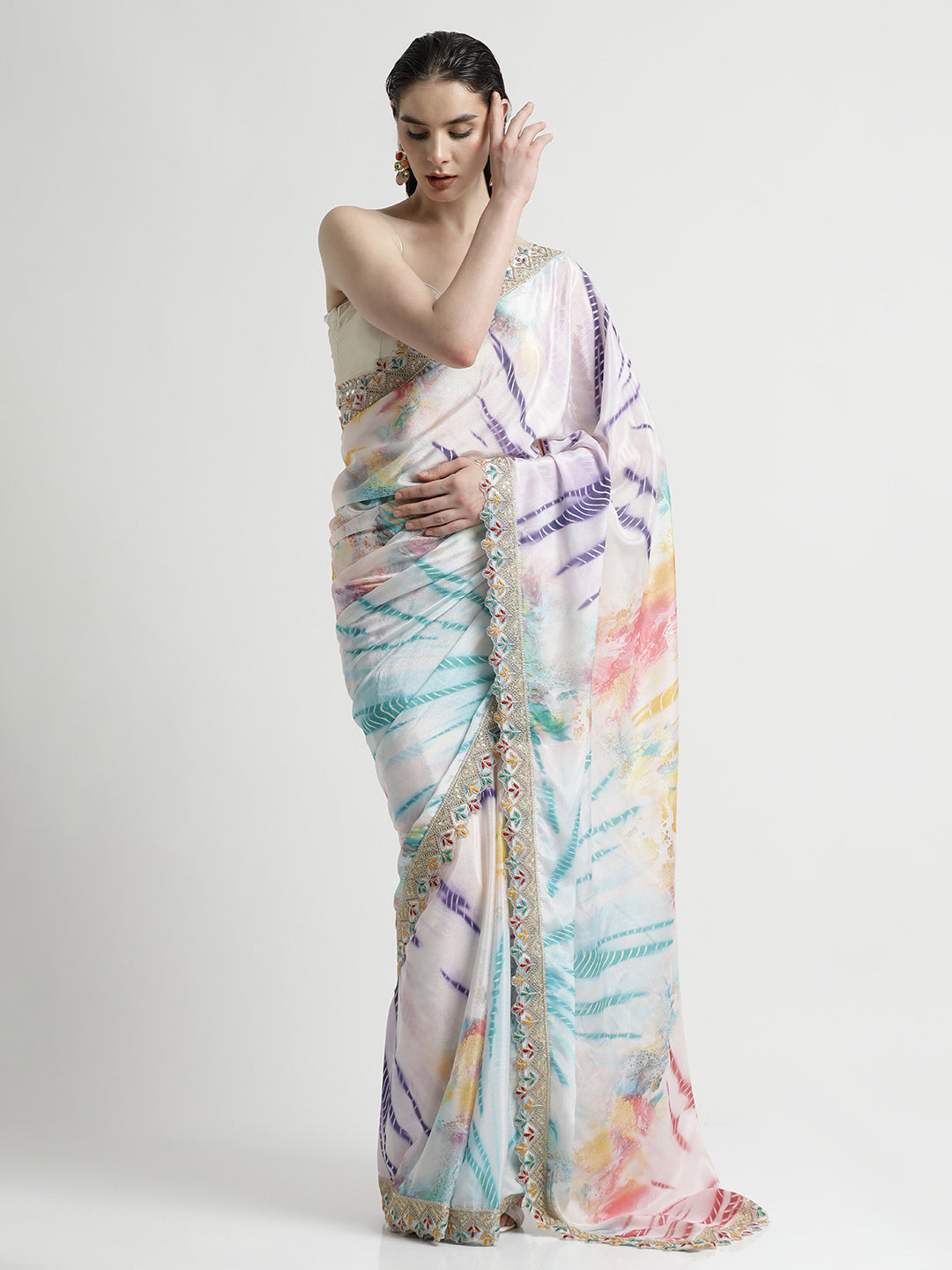 Multicolor Tie-Dye Satin Saree