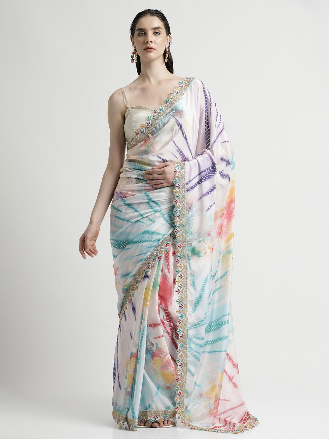 Multicolor Tie-Dye Satin Saree