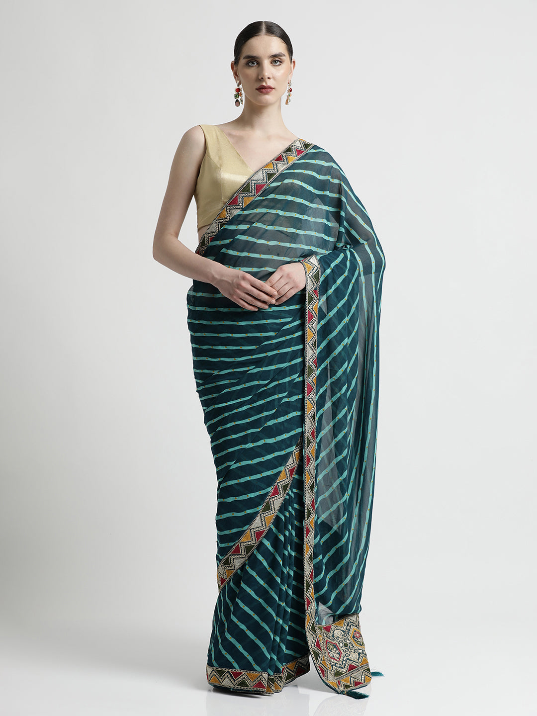 Teal Leheriya Embroidered Pure Georgette Saree