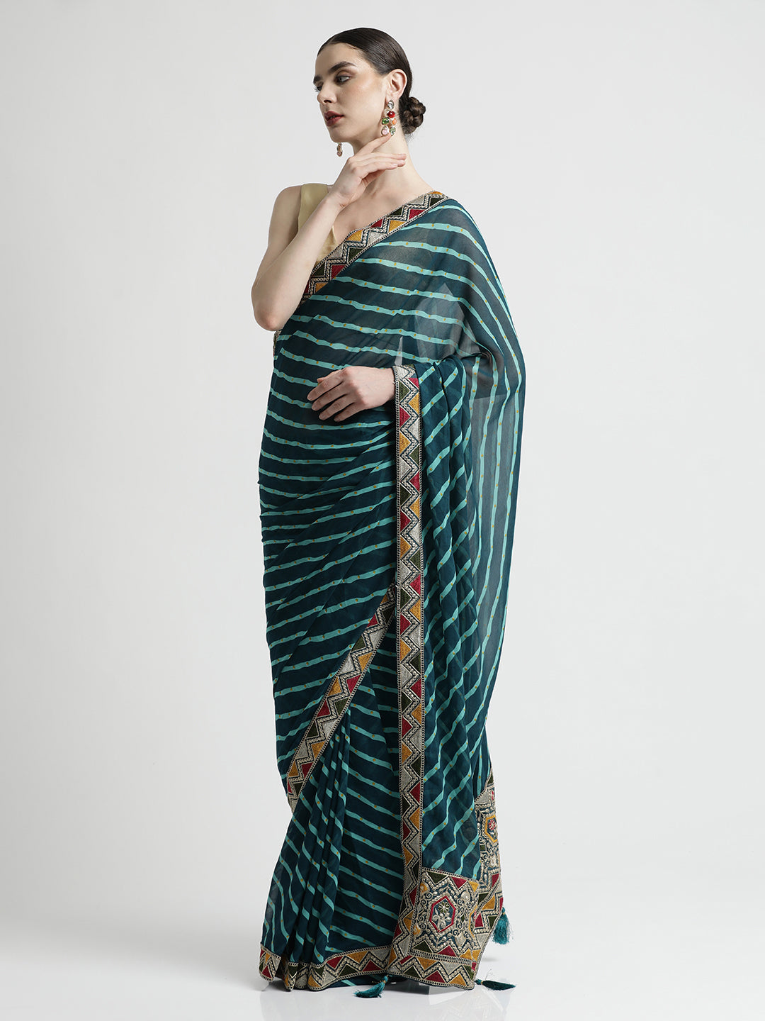 Teal Leheriya Embroidered Pure Georgette Saree