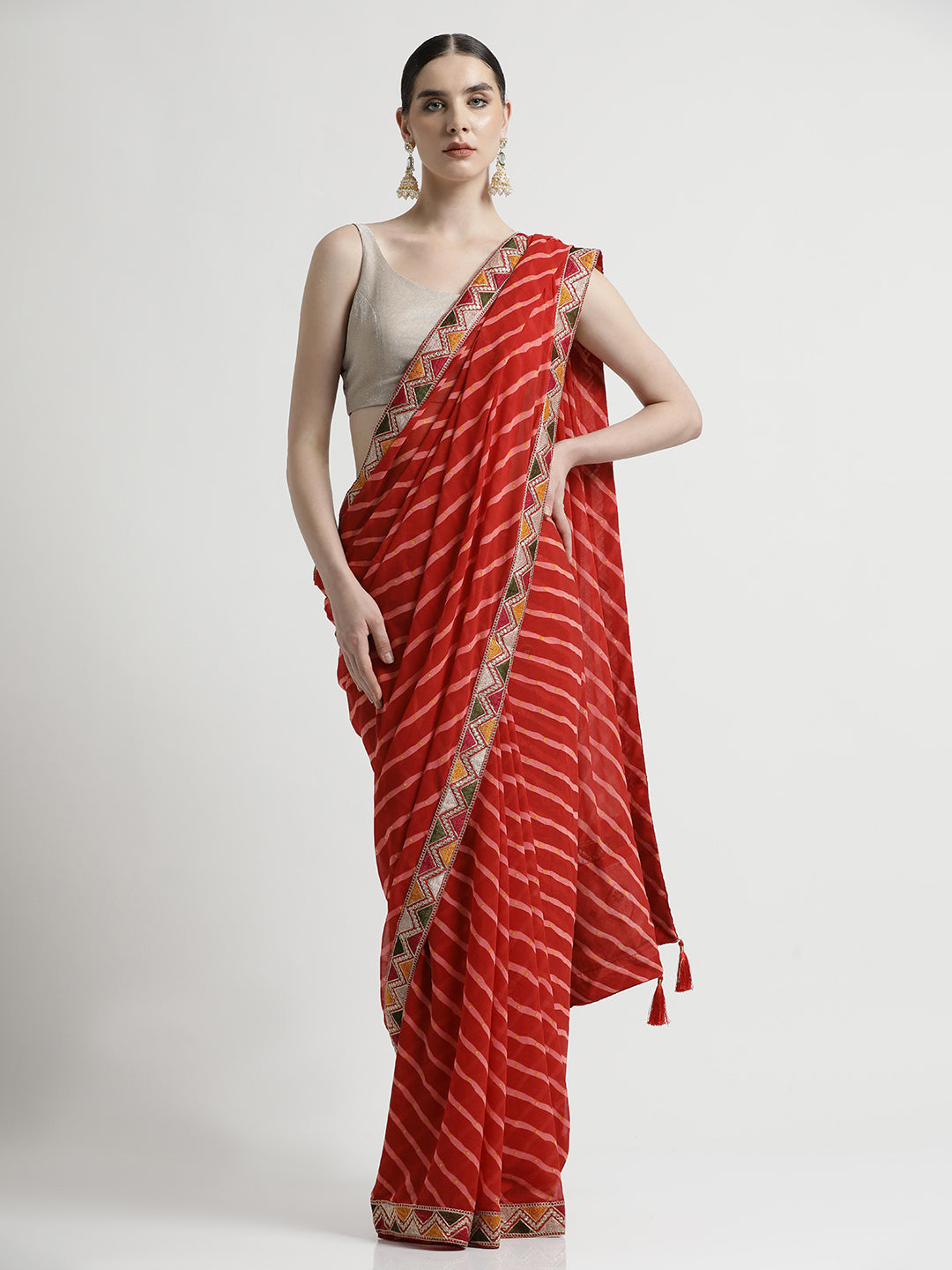 Red Leheriya Embroidered Pure Georgette Saree