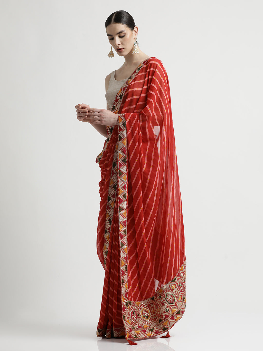 Red Leheriya Embroidered Pure Georgette Saree