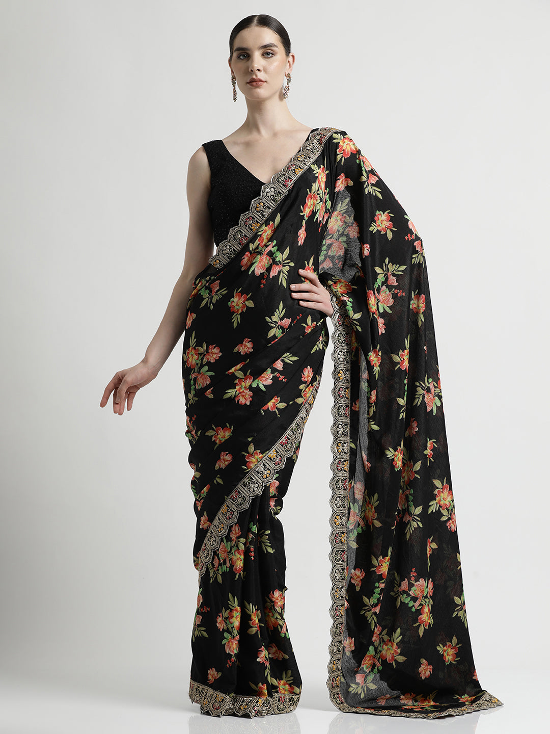 Floral Printed Party Wear Black Saree