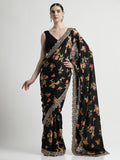 Floral Printed Party Wear Black Saree
