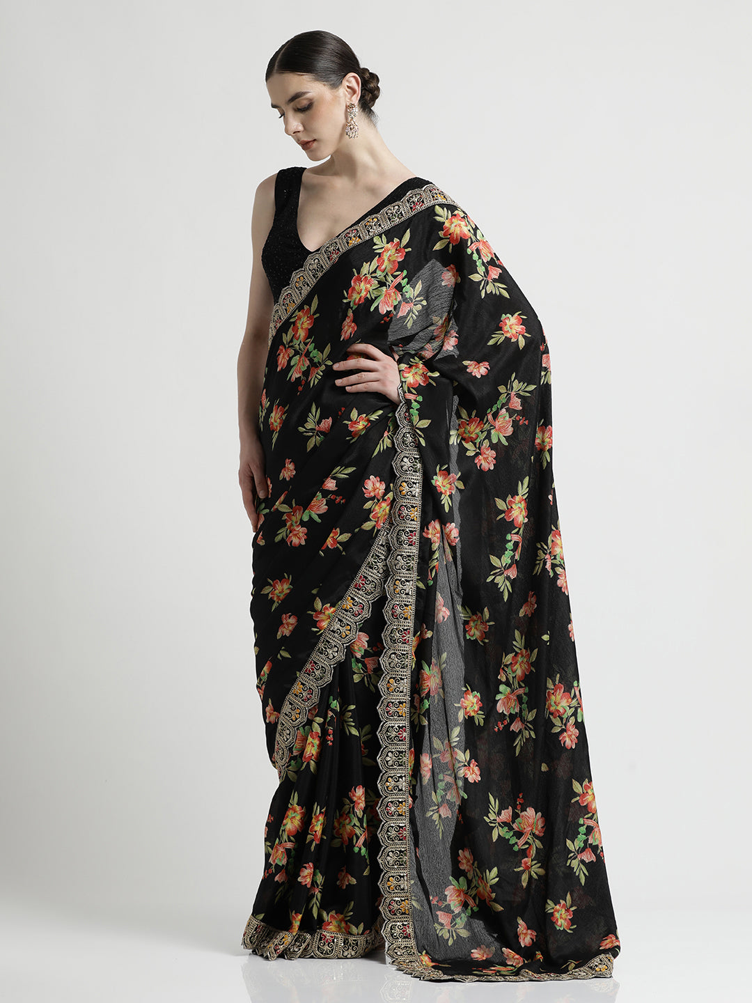 Floral Printed Party Wear Black Saree