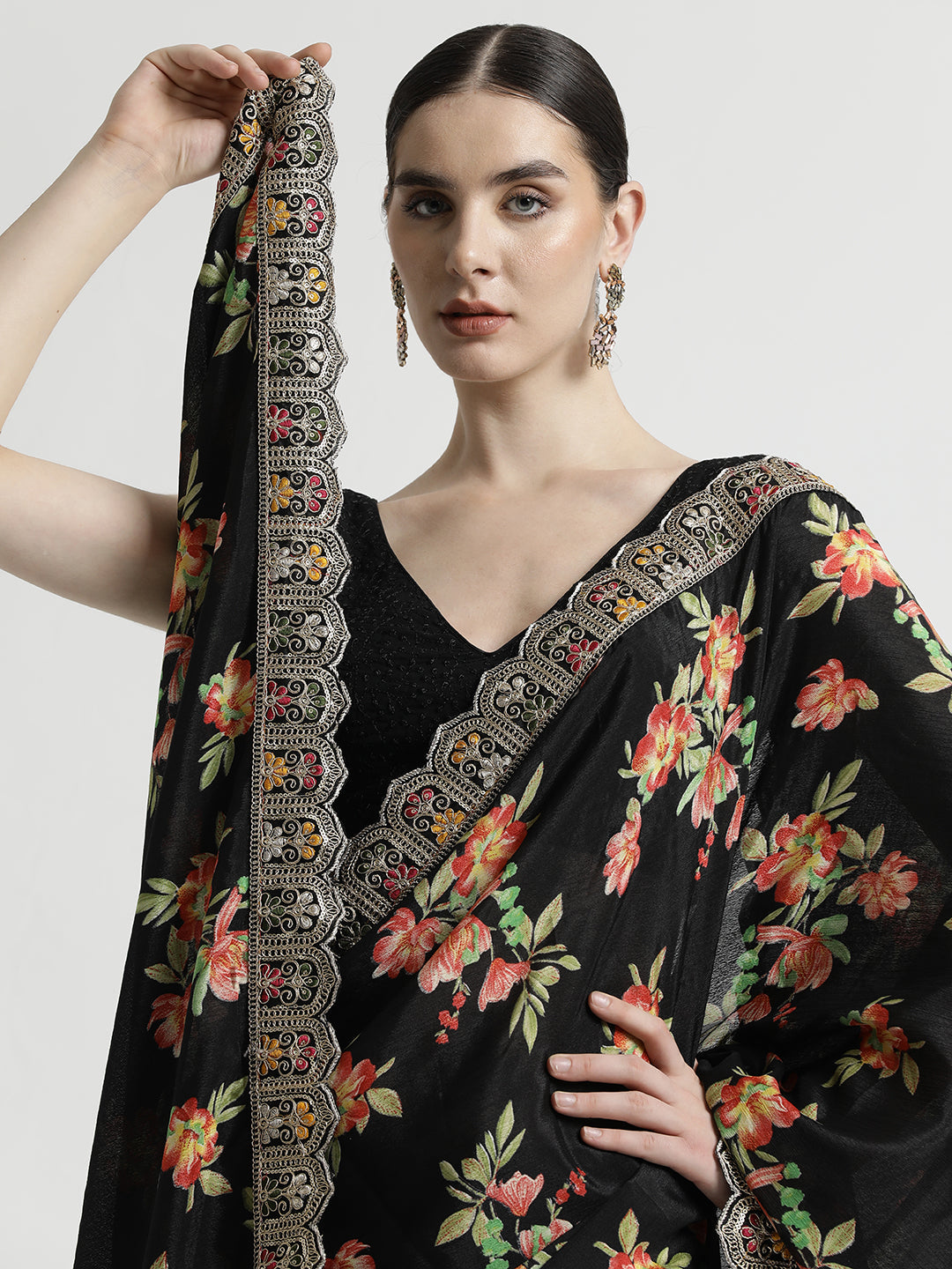 Floral Printed Party Wear Black Saree