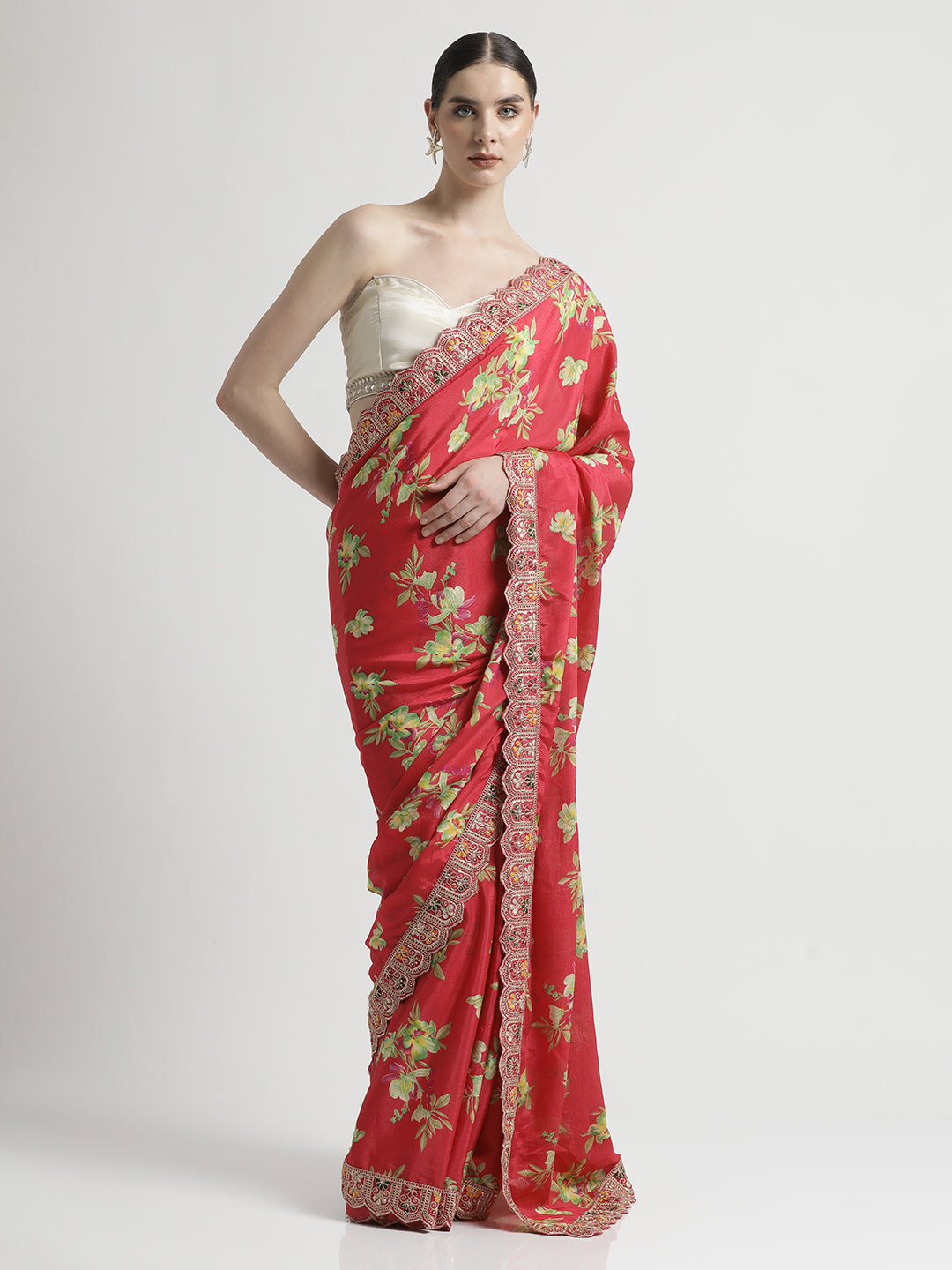 Floral Printed Party Wear Pink Saree