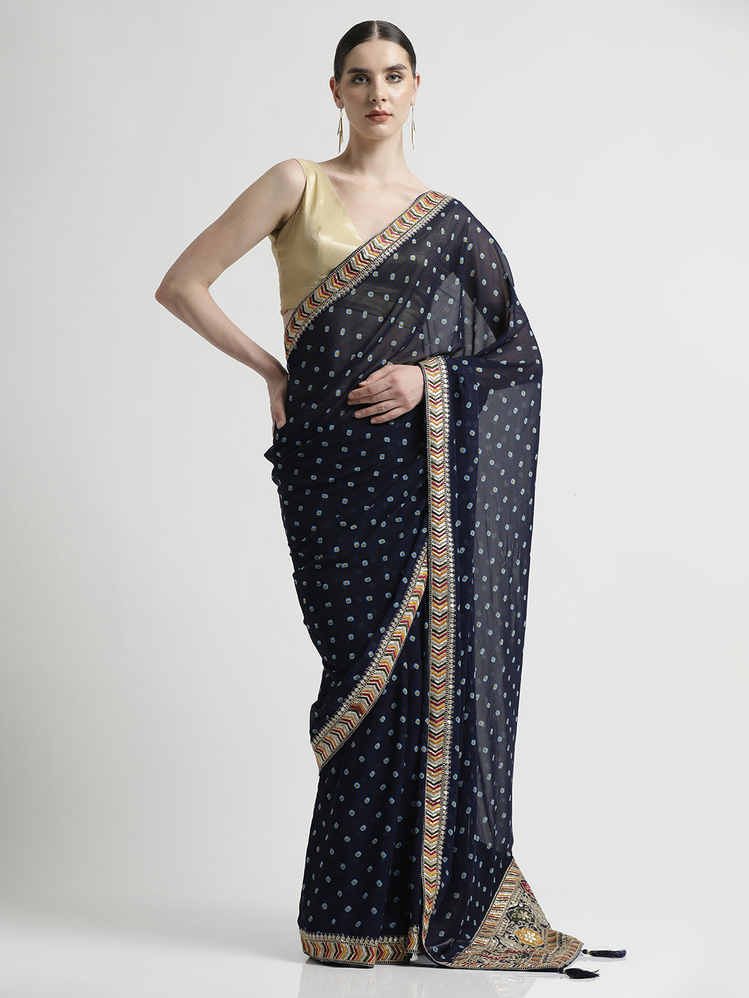 Blue Bandhani Embroidered Pure Georgette Saree